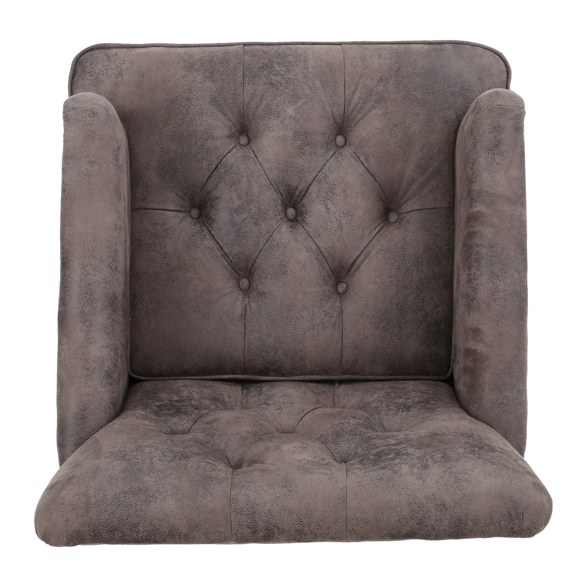 Tufted brown faux leather accent chair with diamond stitching on the backrest