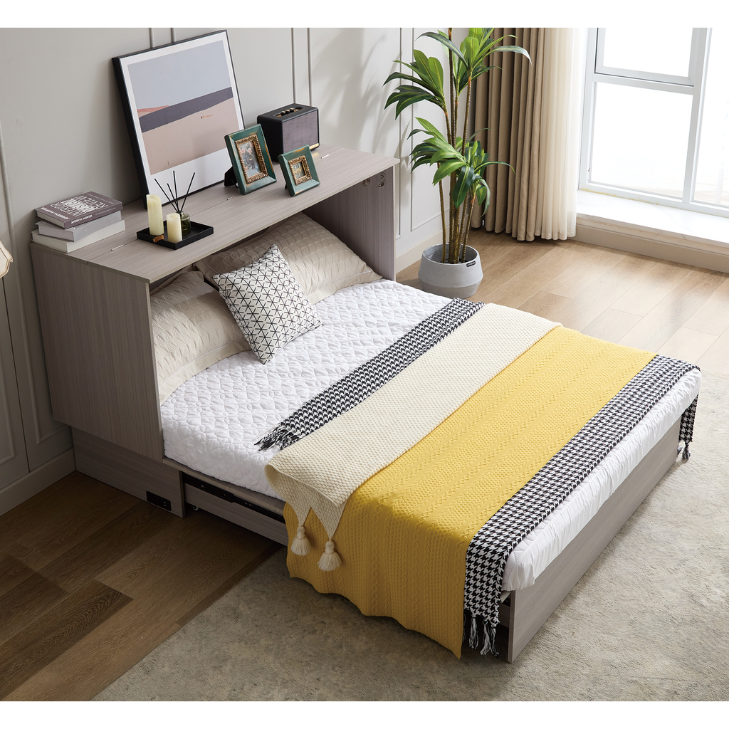 Modern wall bed with queen mattress and decorative throws