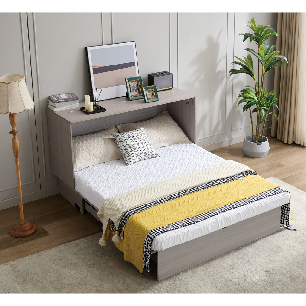 Gray wood Murphy bed with white mattress and yellow throw blanket