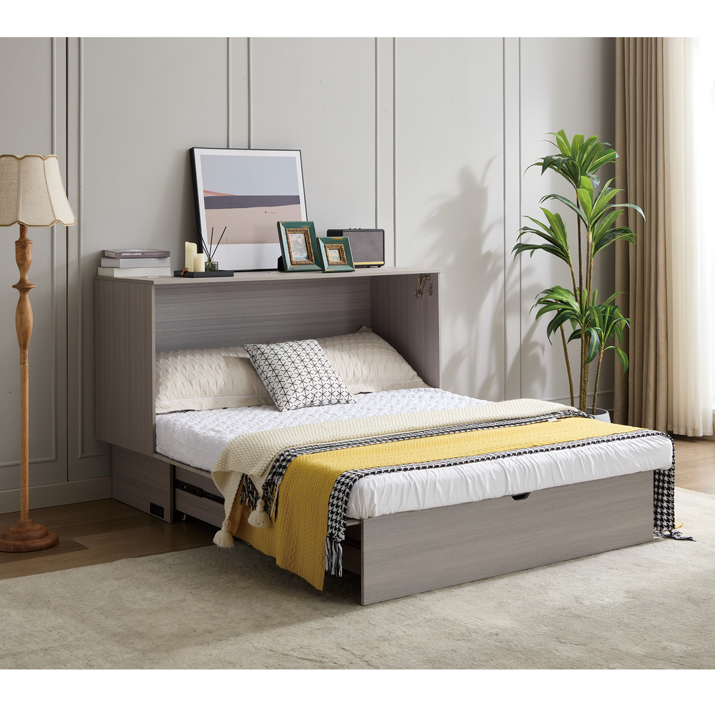 Wall bed with pullout mattress and grey wood finish