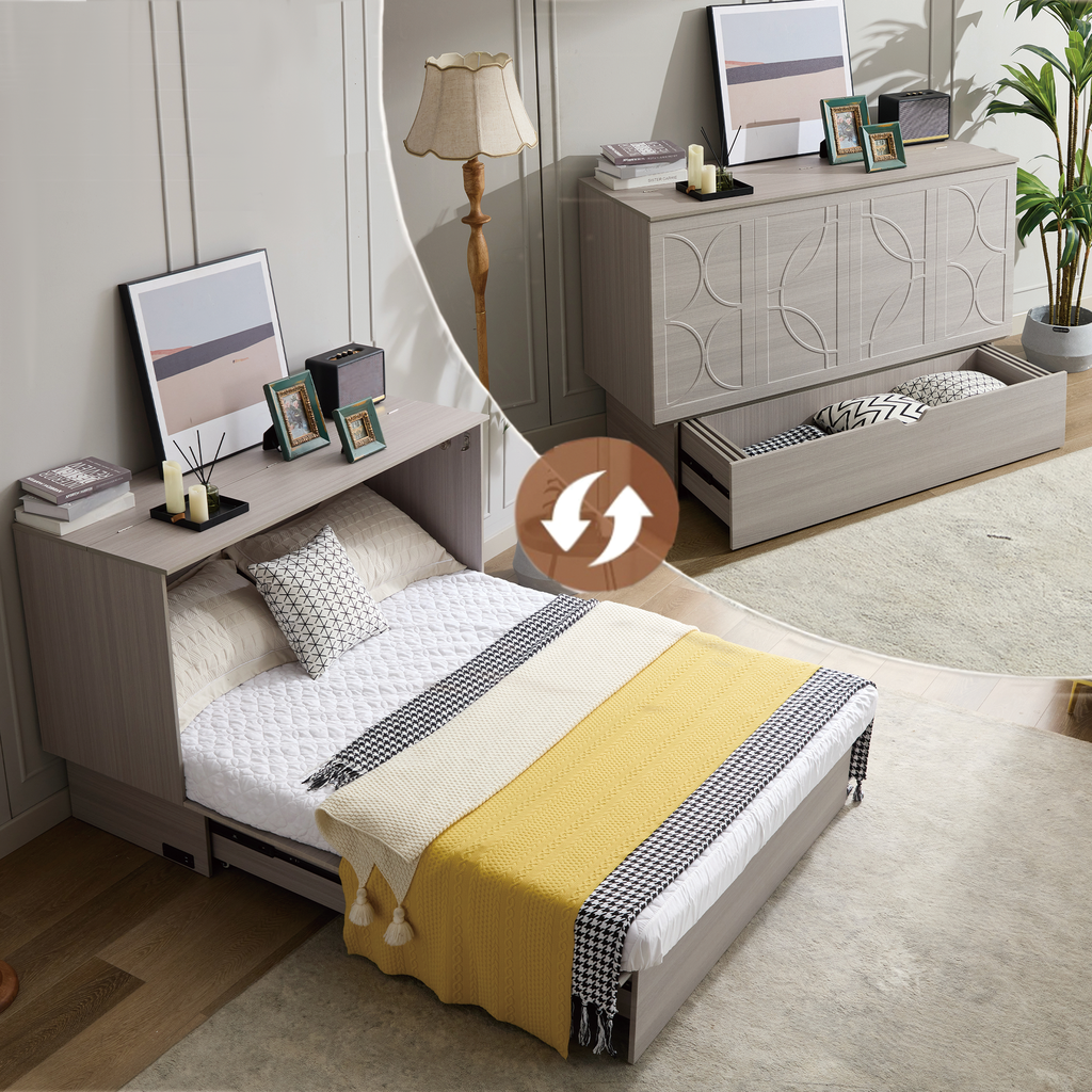 Modern murphy bed with pullout mattress and storage drawer