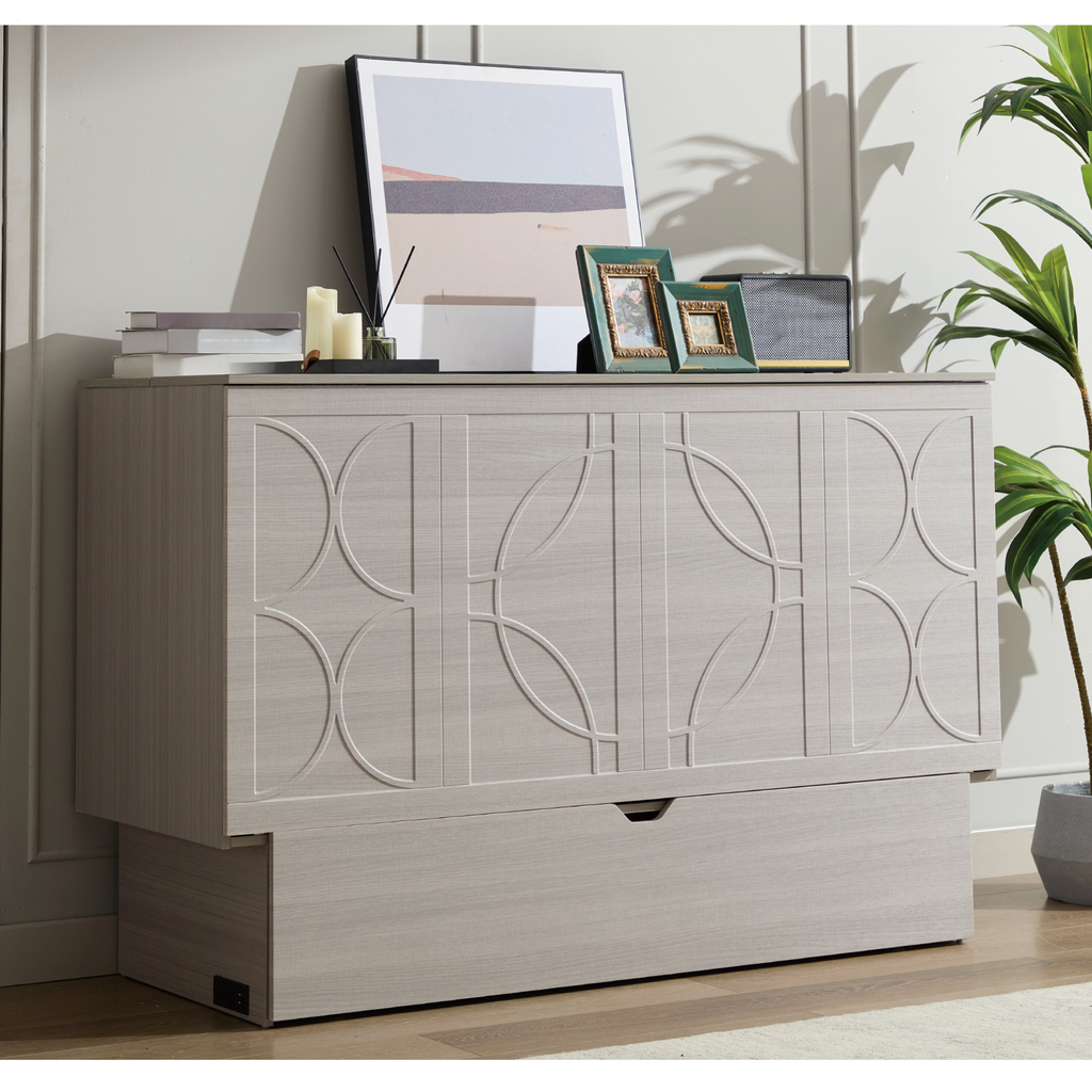 Light gray wooden cabinet with geometric pattern doors and pullout drawer