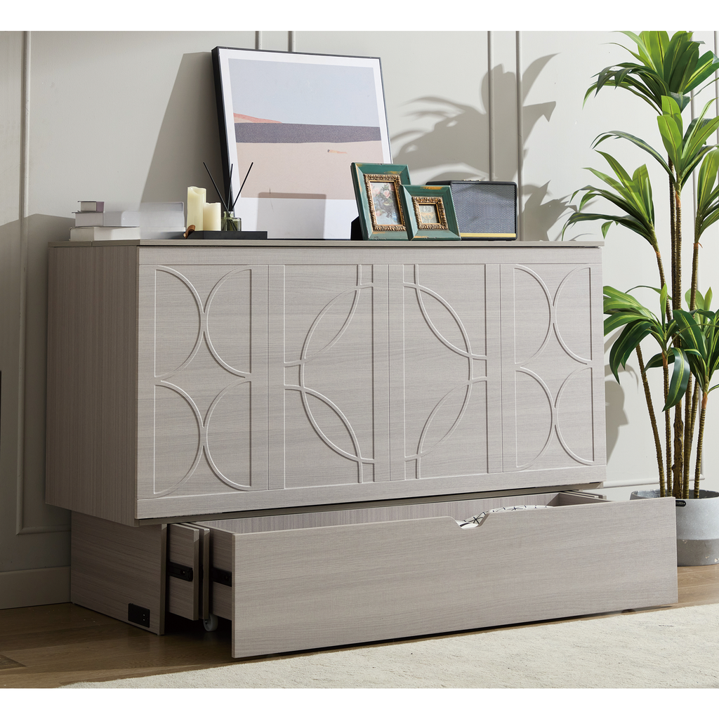 Light gray wood dresser with geometric overlay design and open pullout drawer