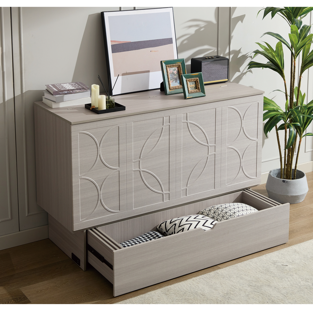 Light gray wood paneling storage cabinet with geometric door pattern and pullout bed frame