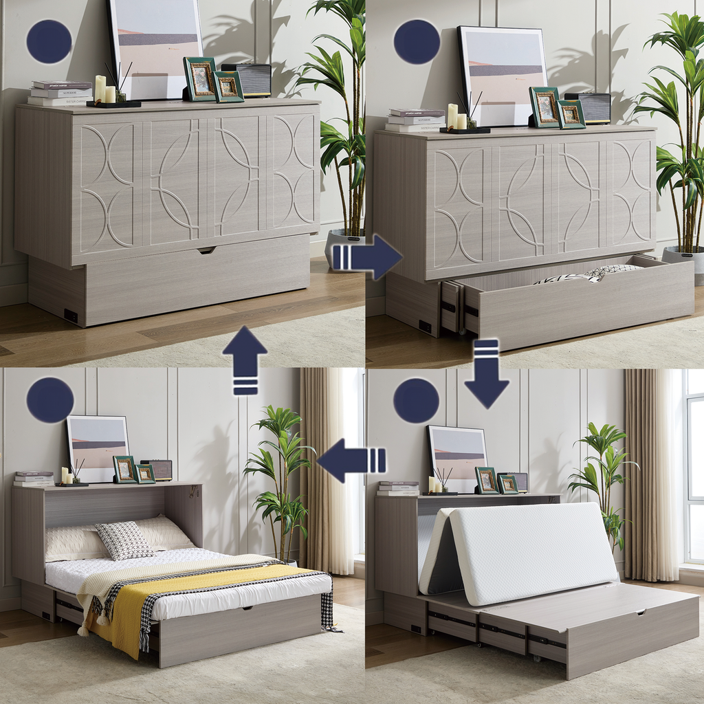 Gray murphy bed cabinet with decorative paneling