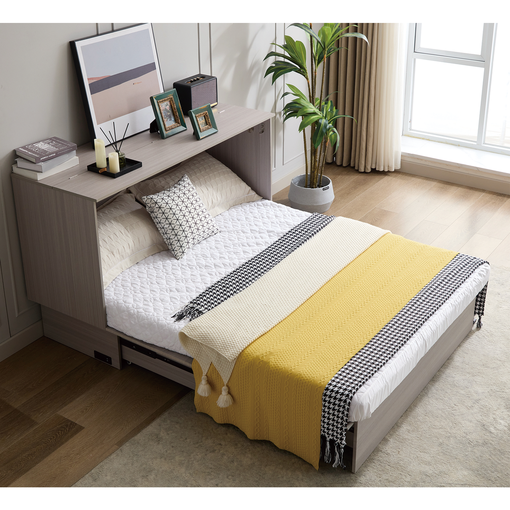 Foldable wall bed with desk in light wood finish