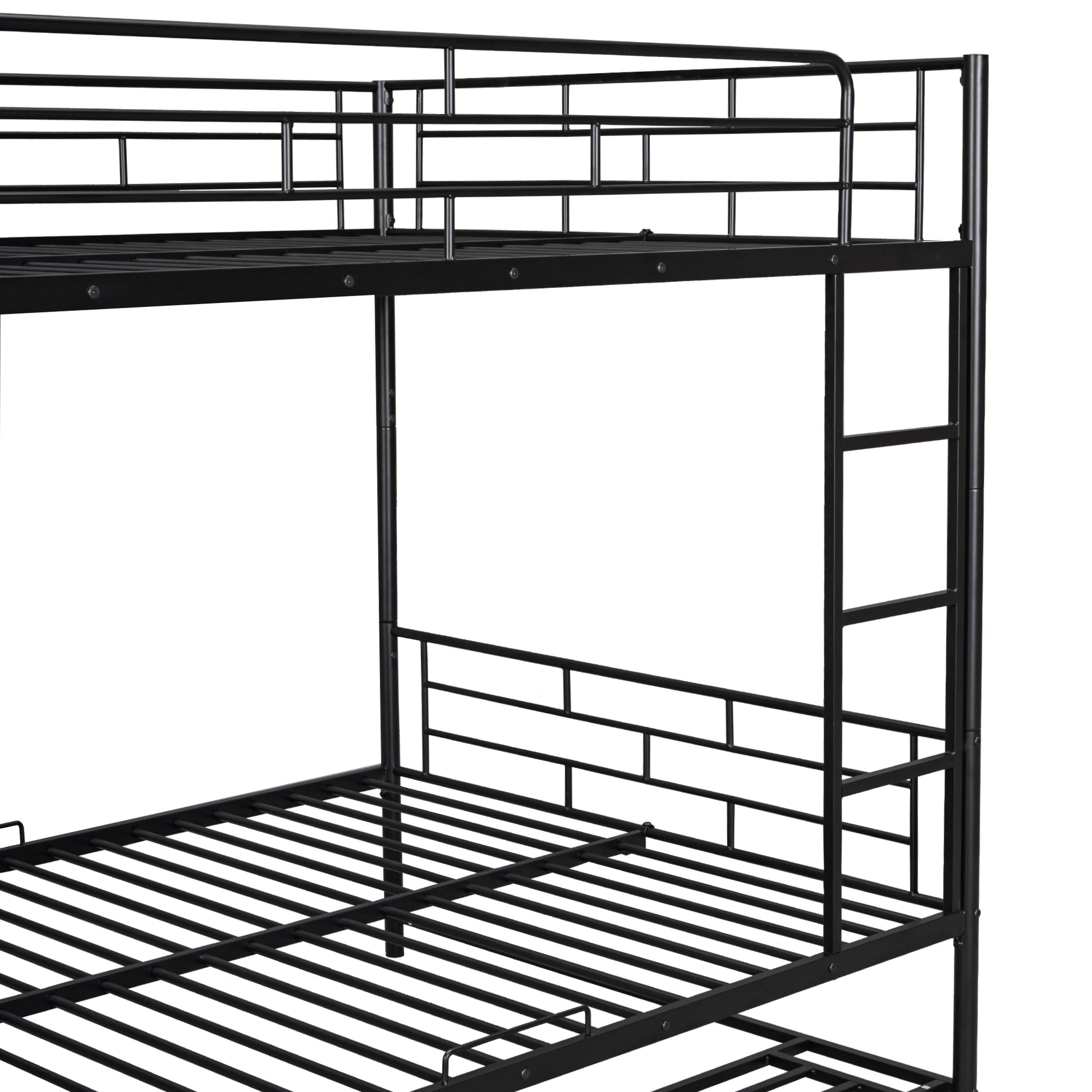Black metal triple bunk bed frame with ladder spacesaving design