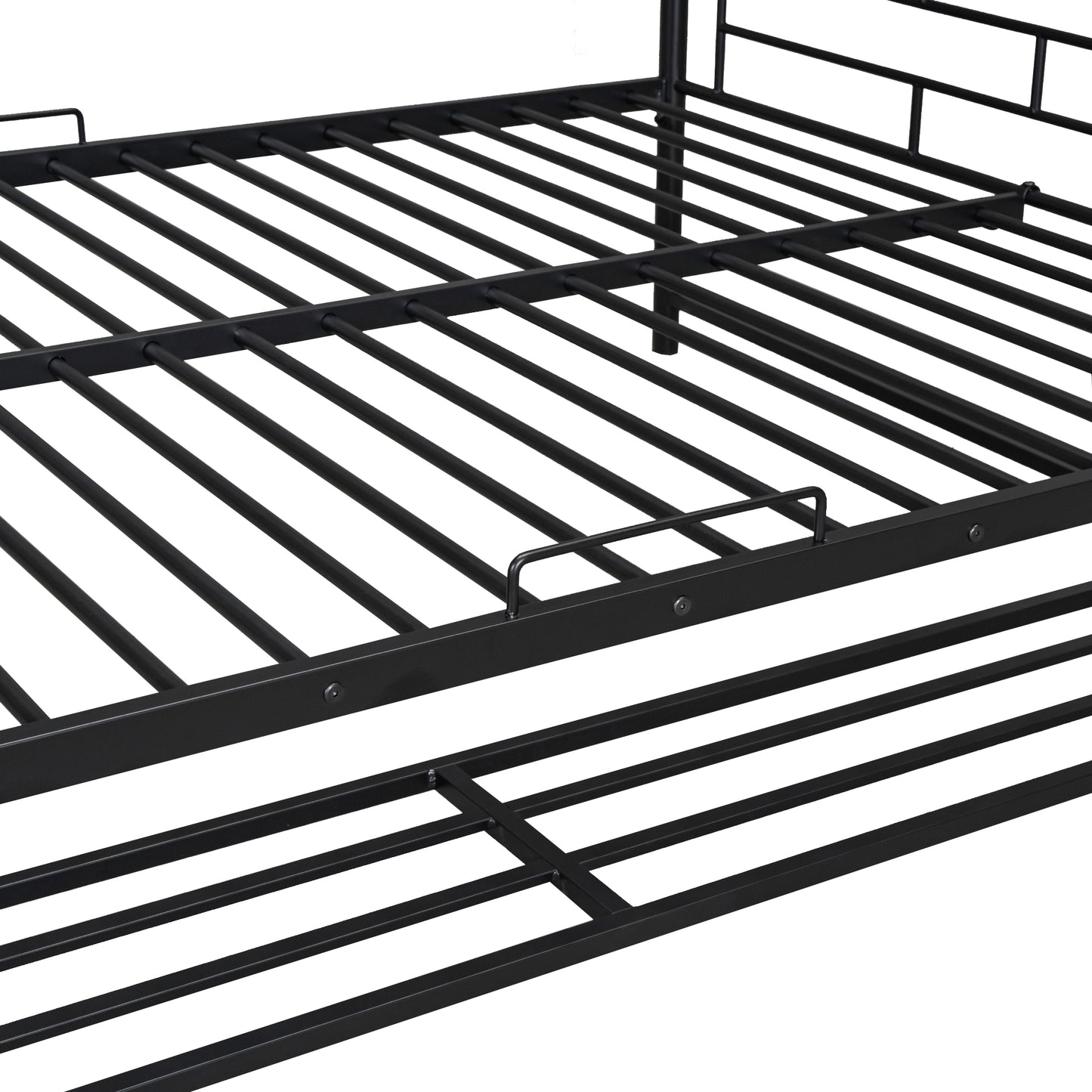 Black metal bed frame with slatted support system emphasizing durability