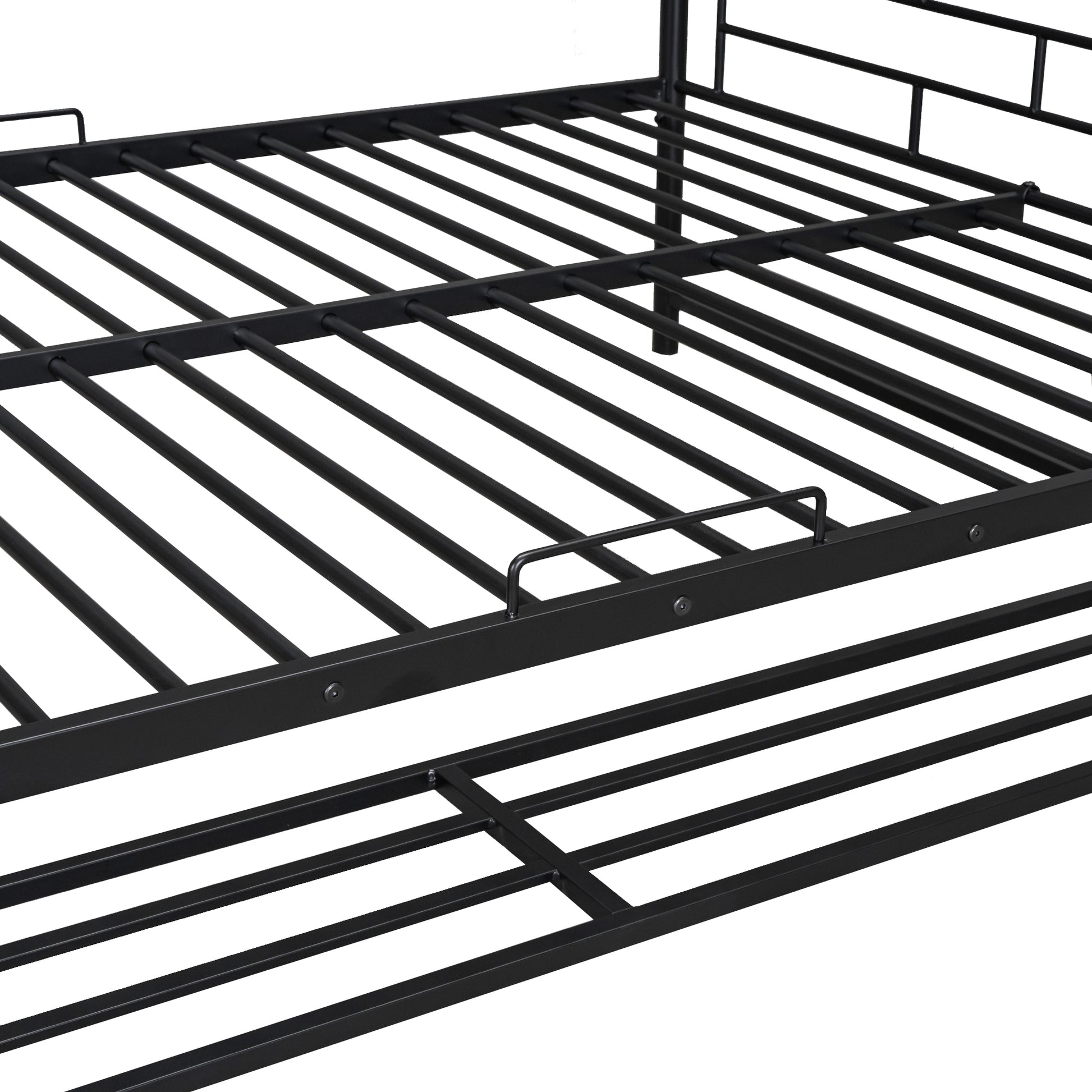 Black metal bed frame with slatted support system emphasizing durability