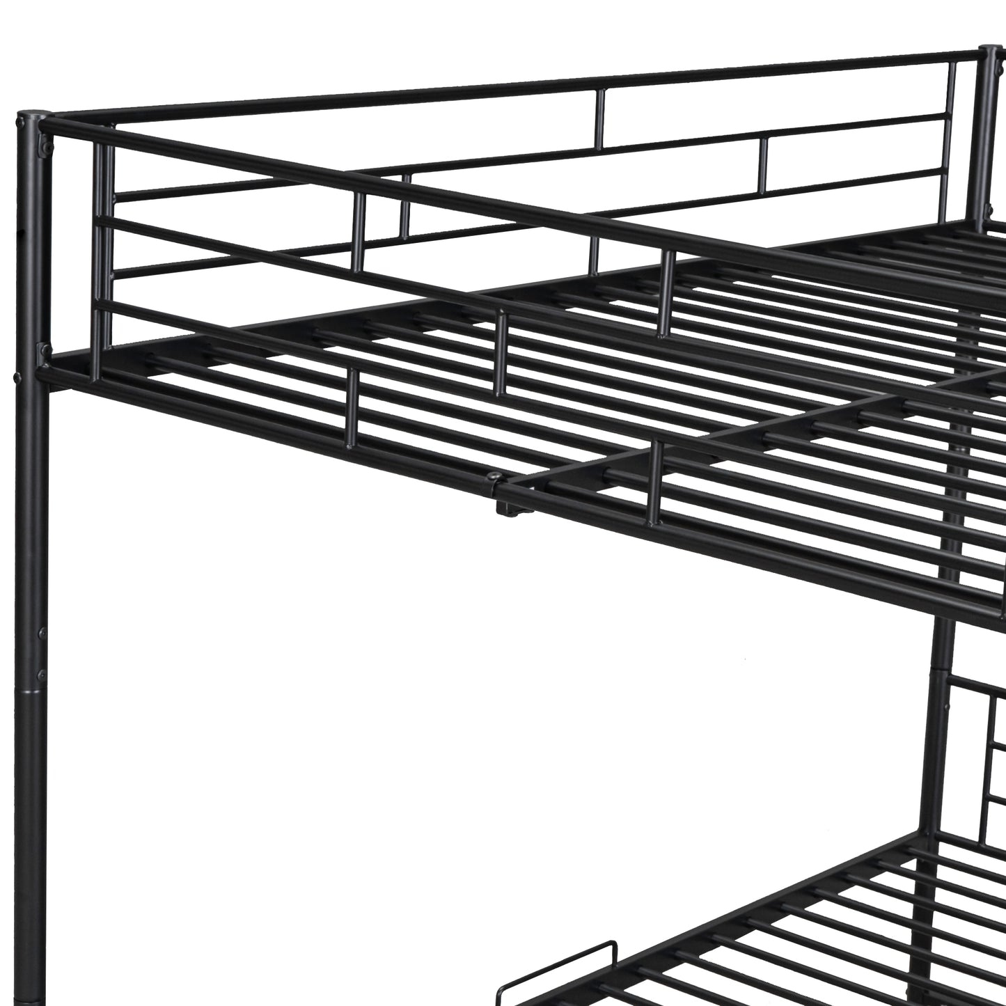 Black metal bunk bed frame with slatted platform