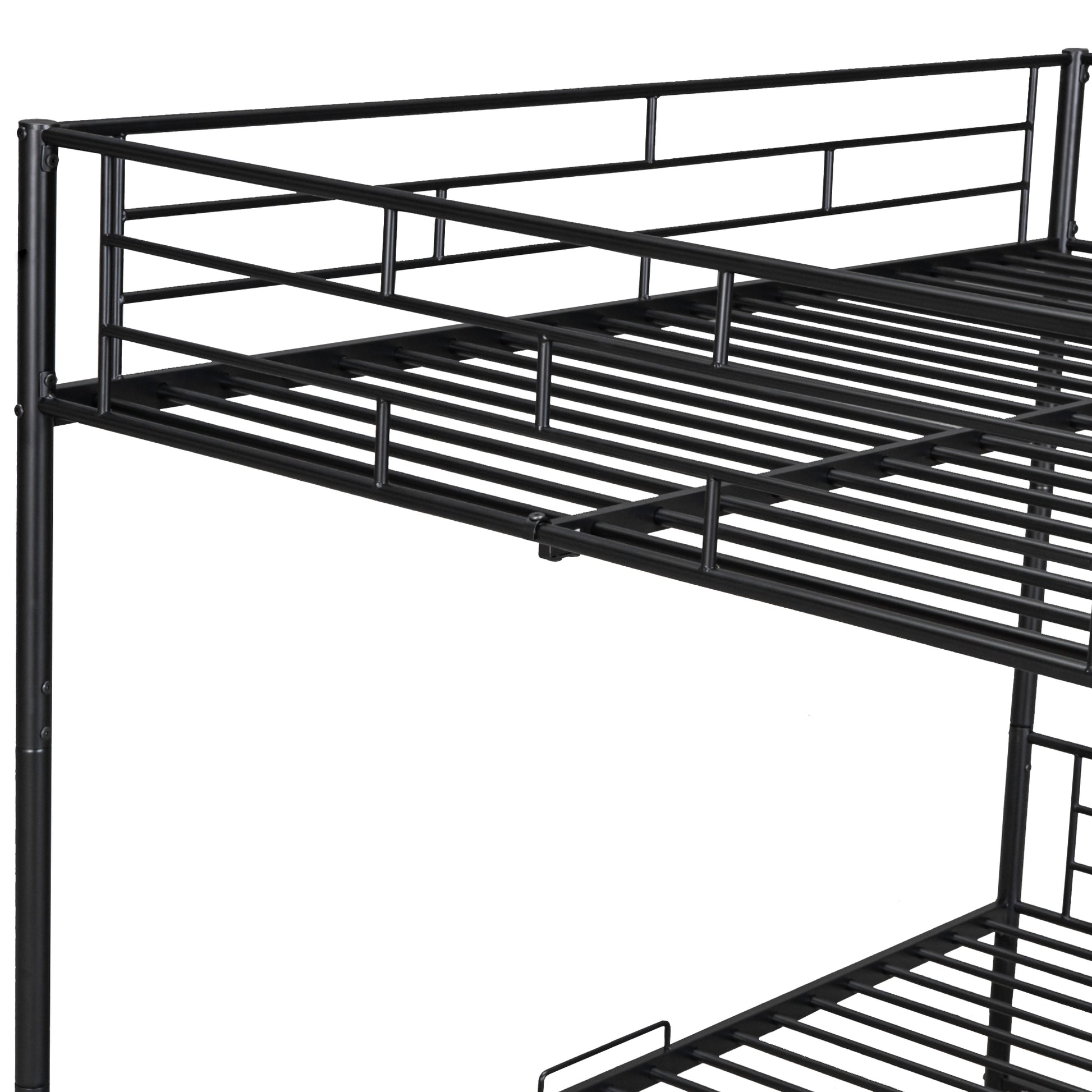 Black metal bunk bed frame with slatted platform