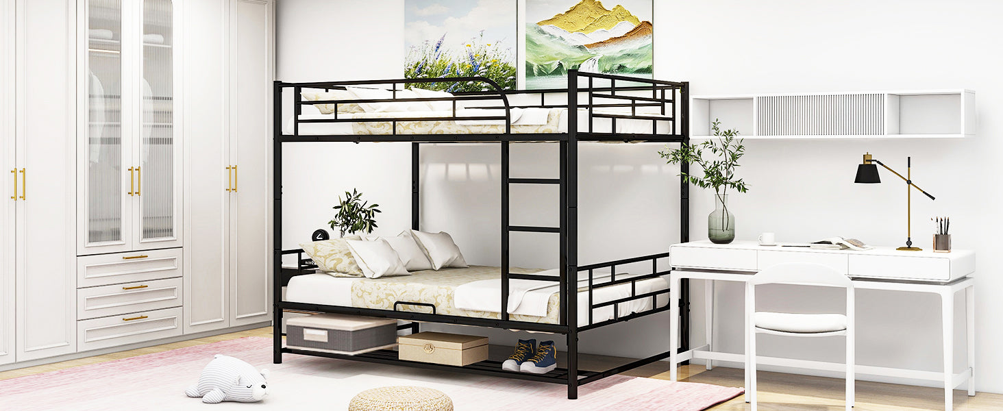 Black metal twin over twin bunk bed with attached ladder and guardrails for kids