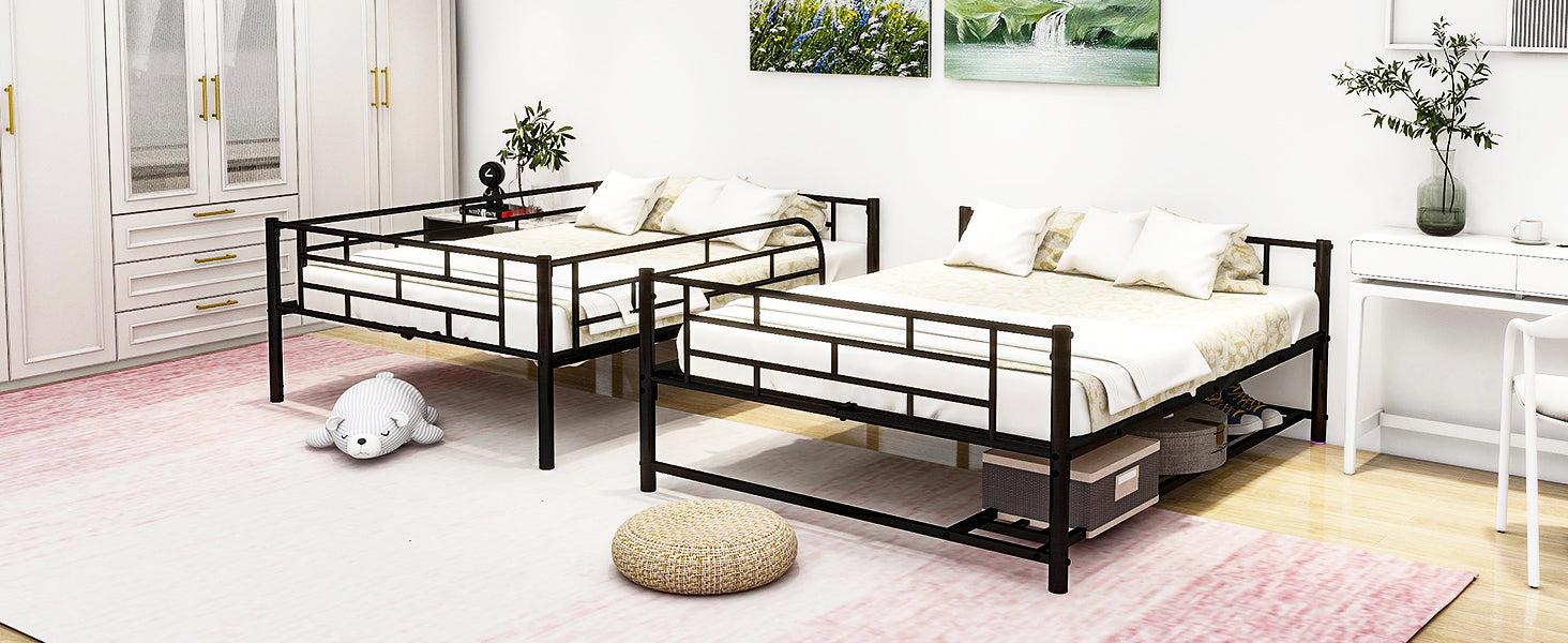 Black metal twin bunk bed with white bedding
