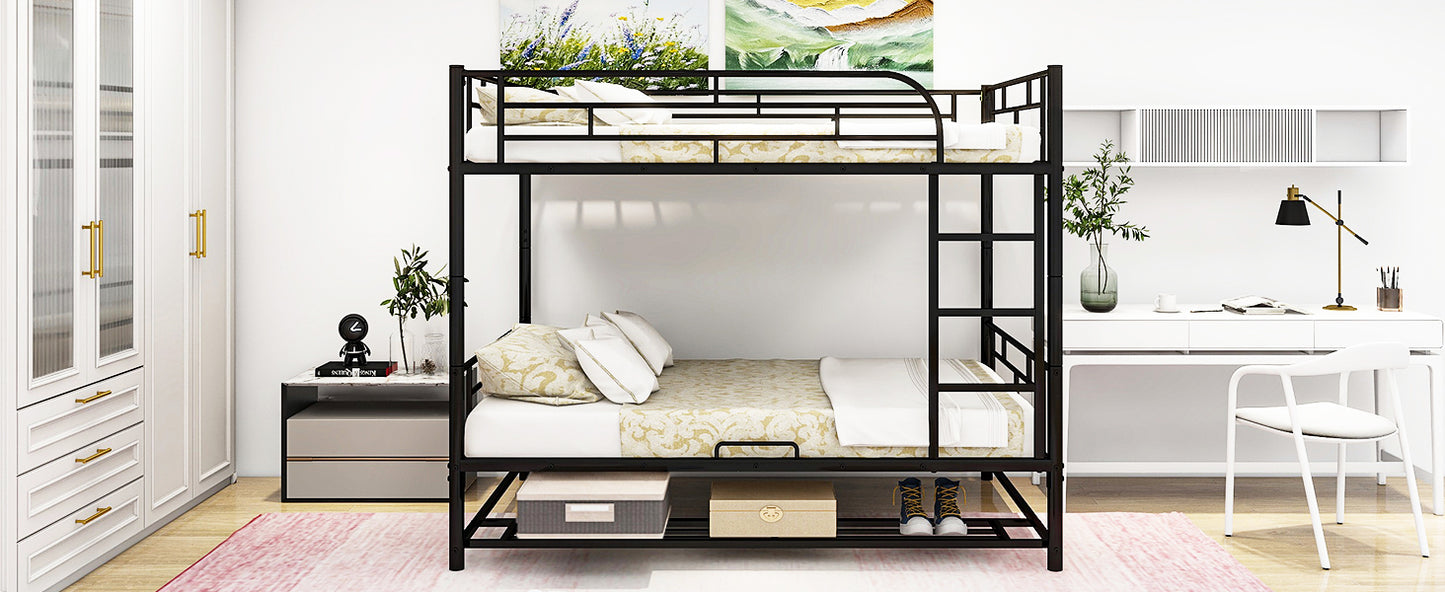 Black metal twinovertwin bunk bed with white linens