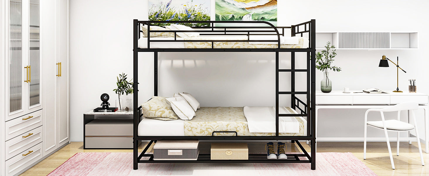 Black metal twinovertwin bunk bed with white linens