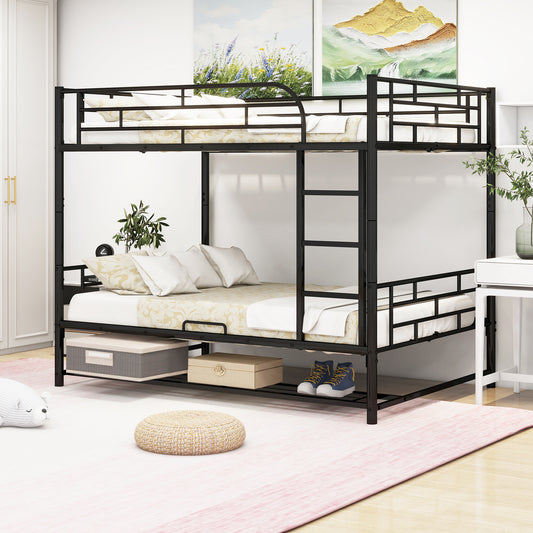 Black metal bunk bed with mattress on bottom bunk