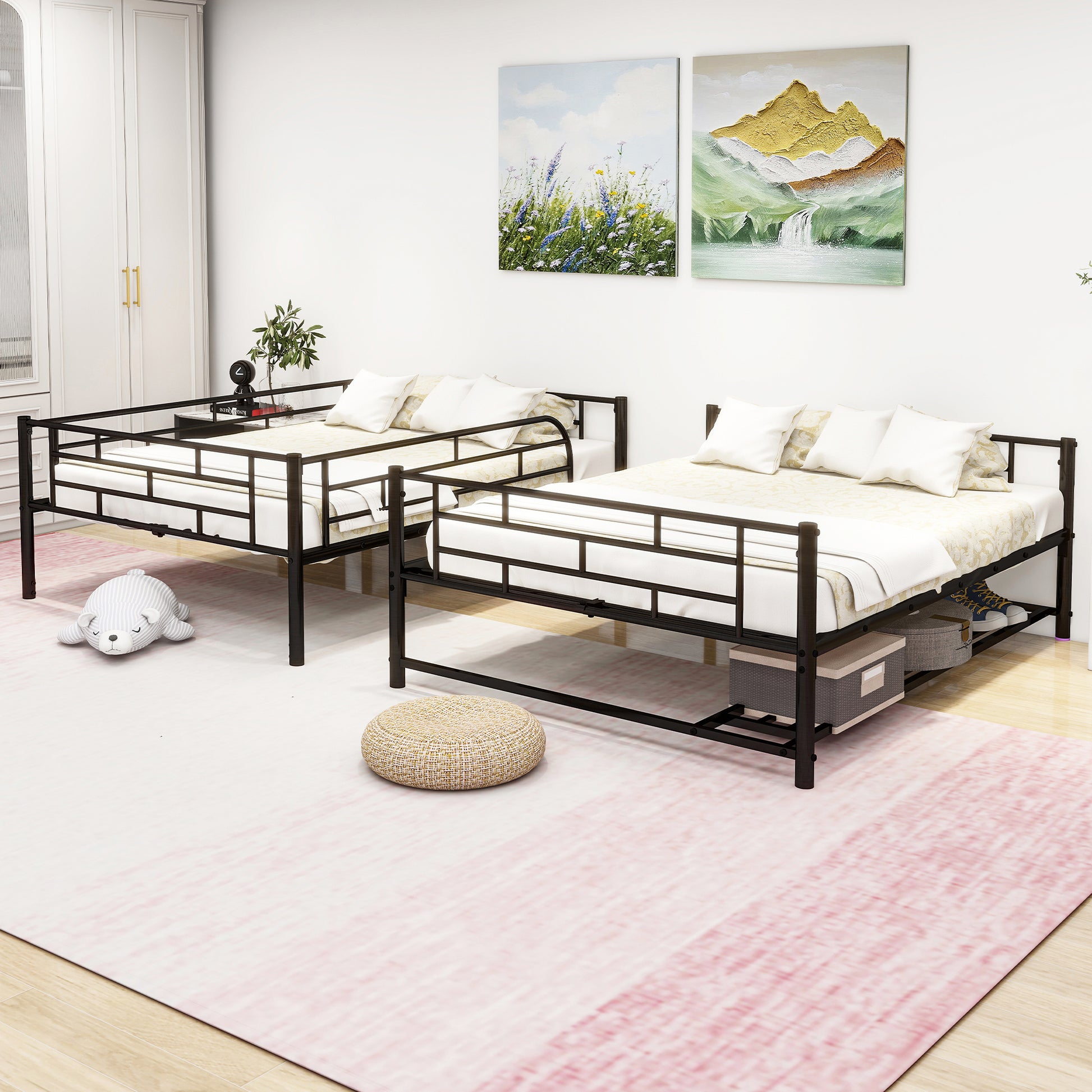 Black metal twin bunk bed with guardrails and storage space below