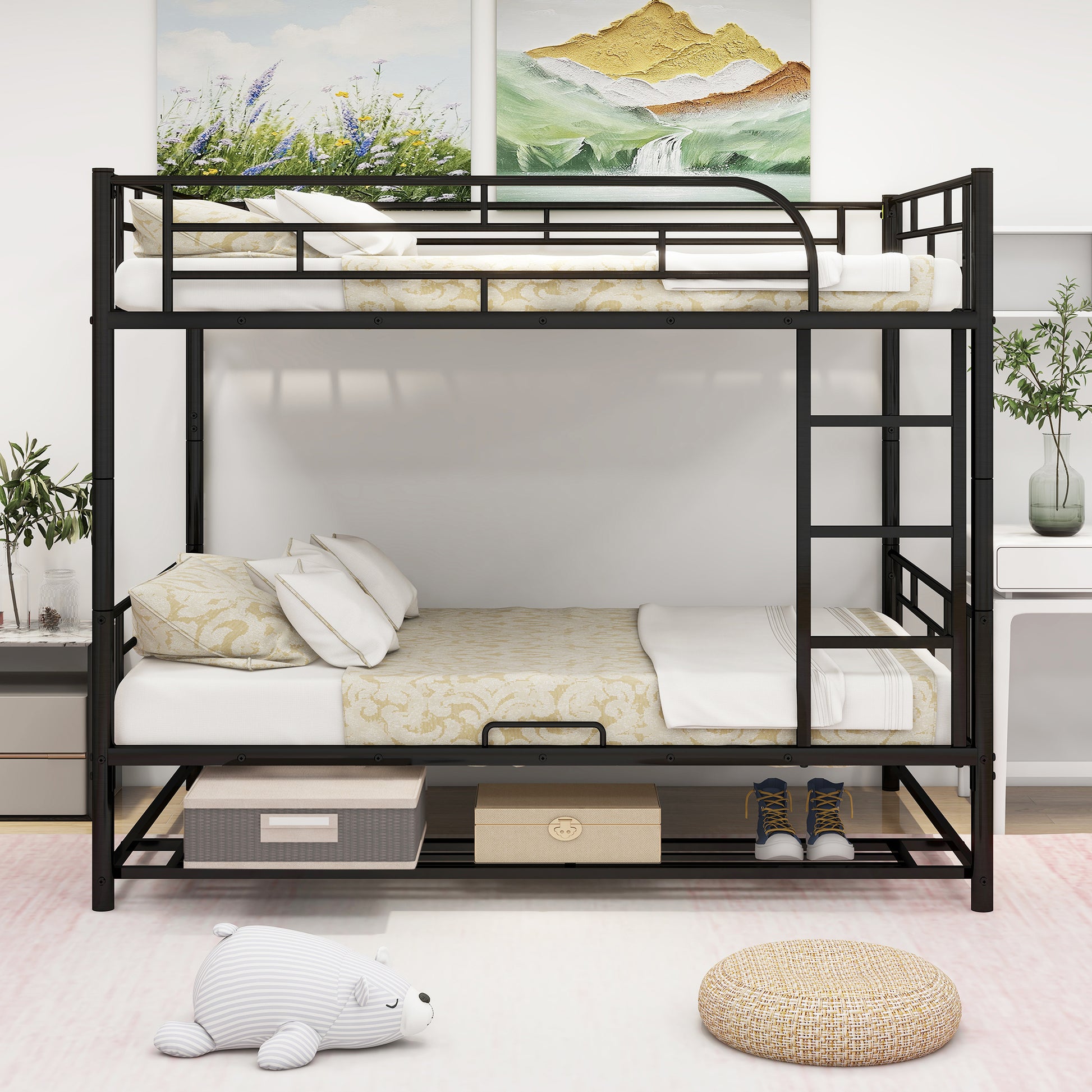 Black metal twin over twin bunk bed with storage space underneath