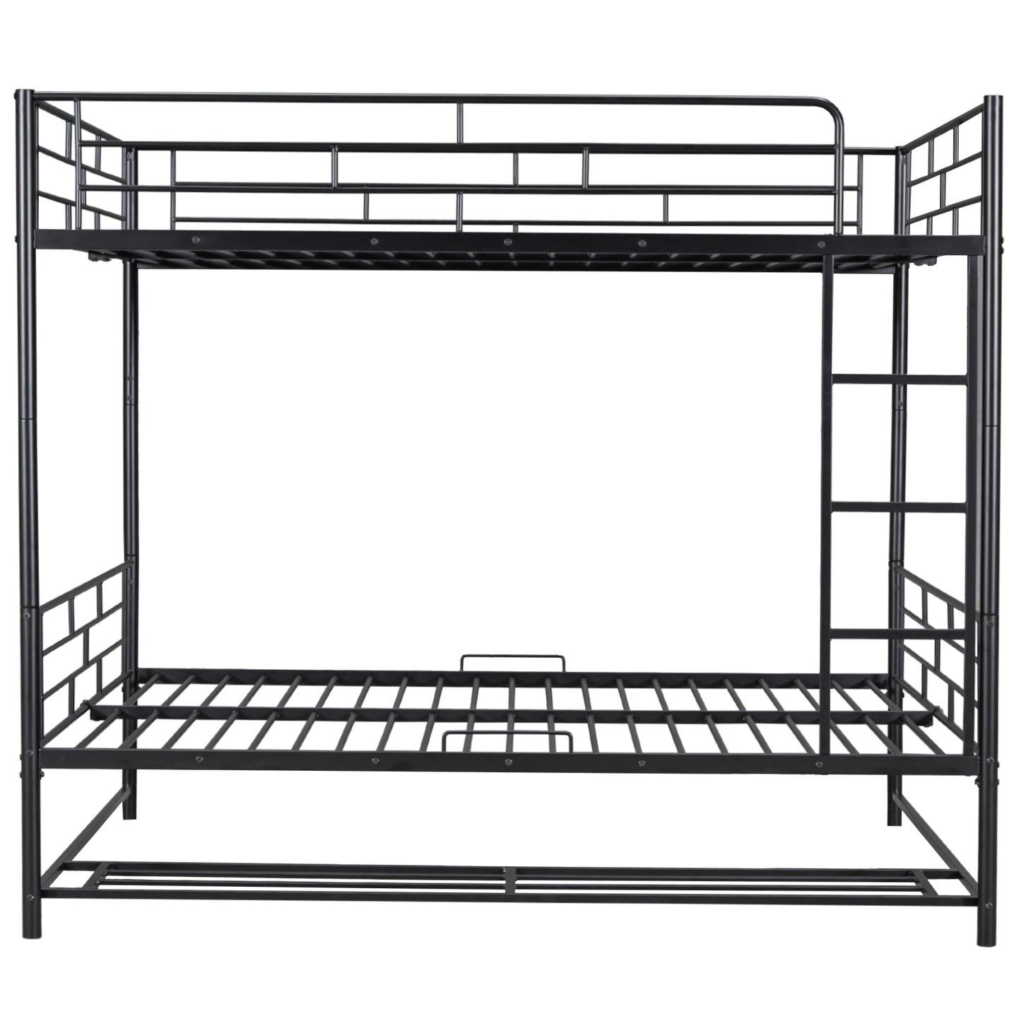 Black metal twin over twin bunk bed with ladder and guardrails