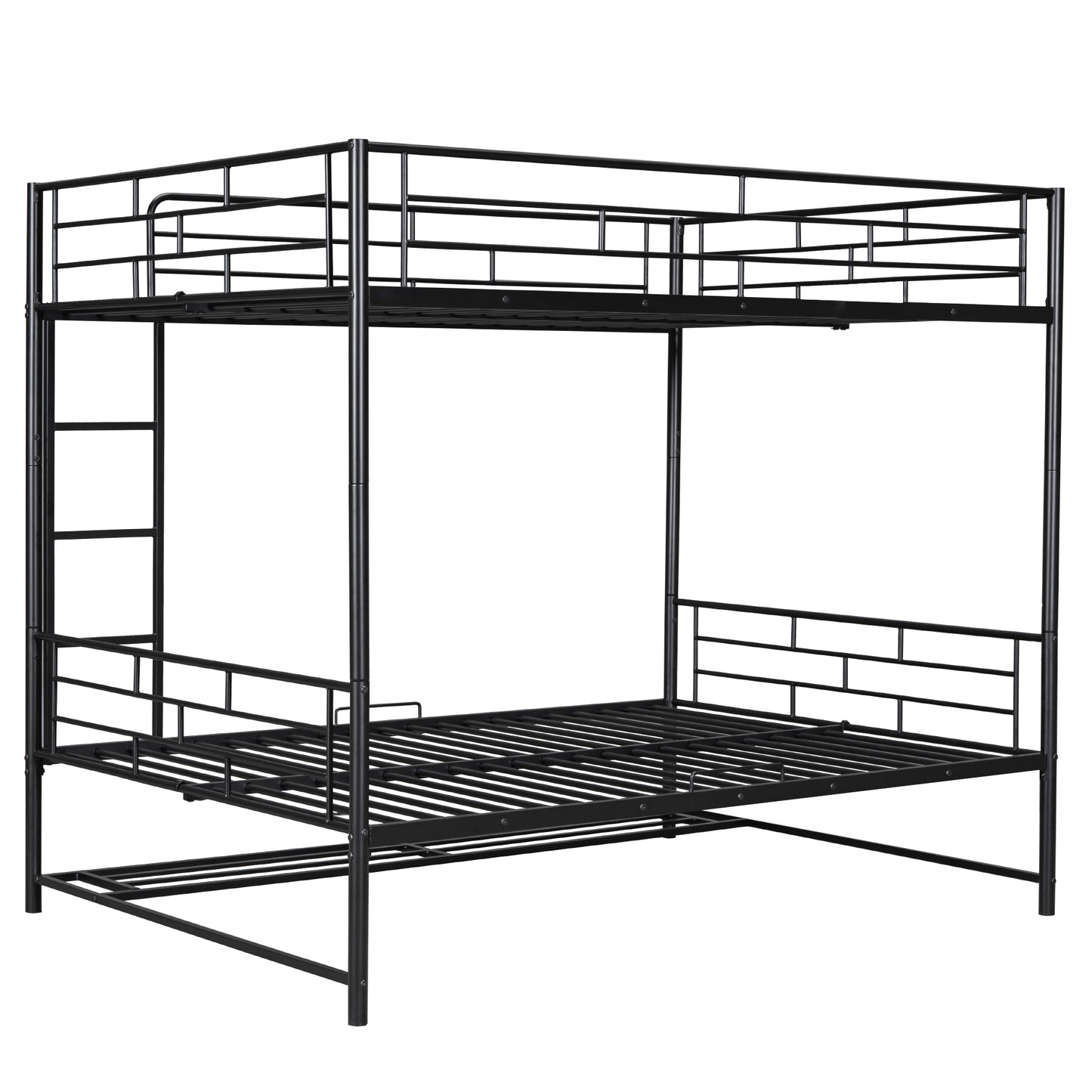 Black metal twin over twin bunk bed with integrated ladder and guardrails