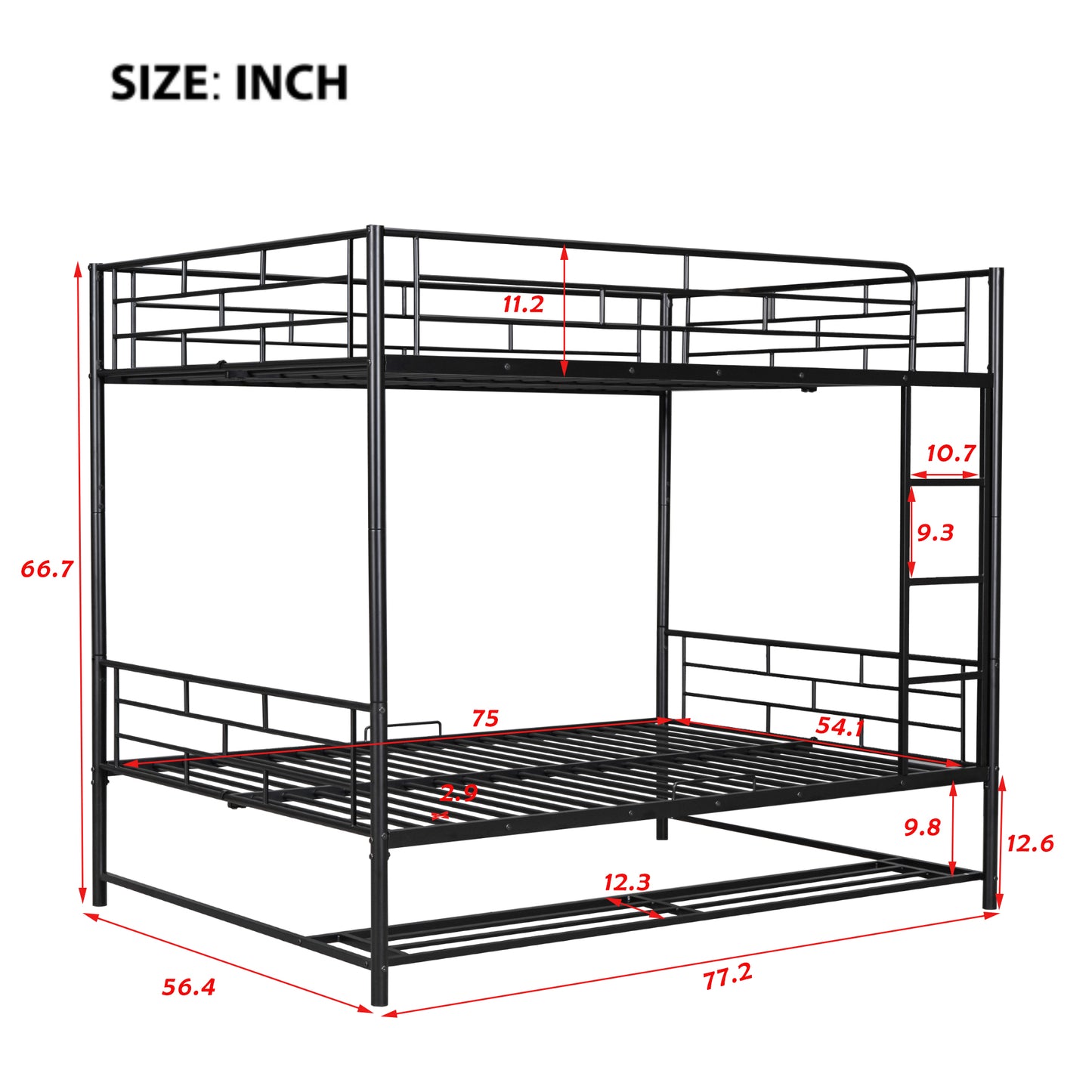 Black metal twin over twin bunk bed with dimensions