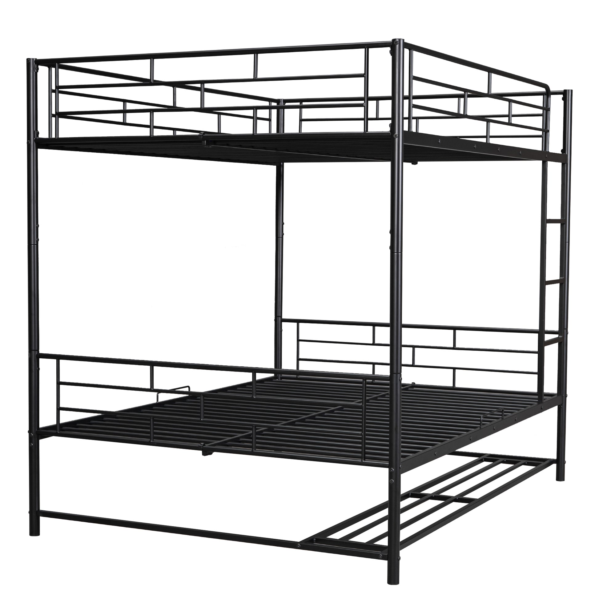Black metal triple bunk bed frame with guardrails and integrated ladder
