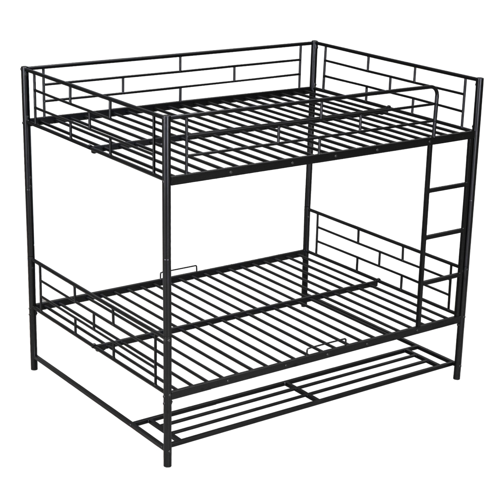 Black metal triple bunk bed with ladder
