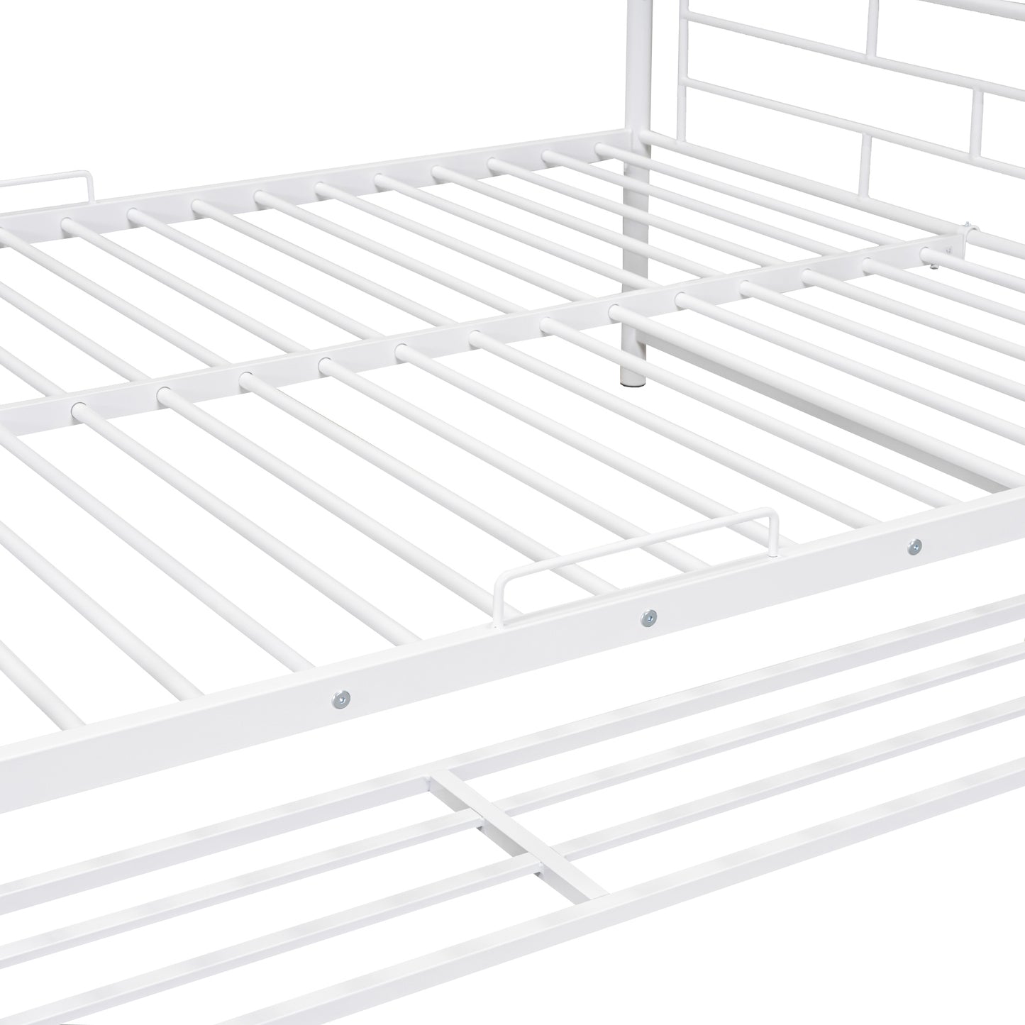 Close up of white metal bed frame slats providing sturdy support for mattresses