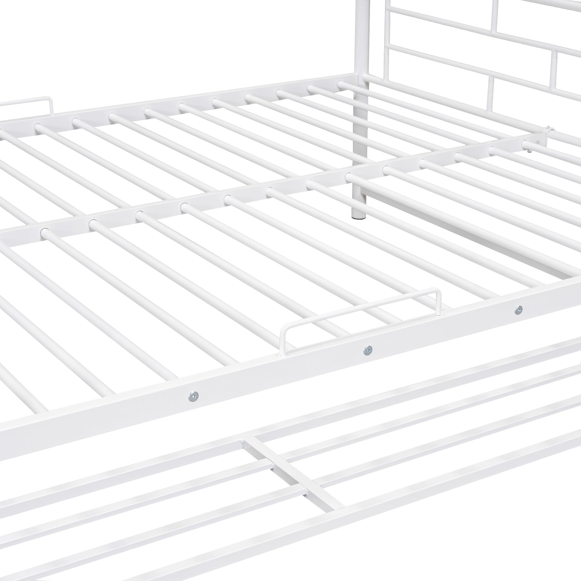 Close up of white metal bed frame slats providing sturdy support for mattresses