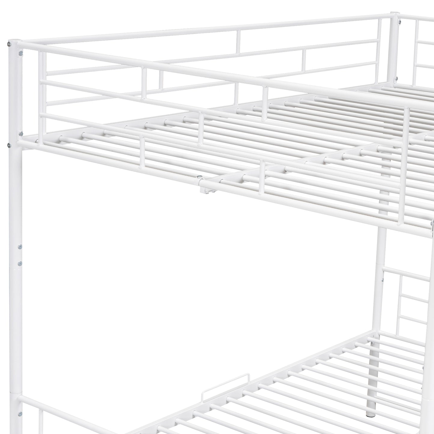 White metal bunk bed frame with slatted mattress support
