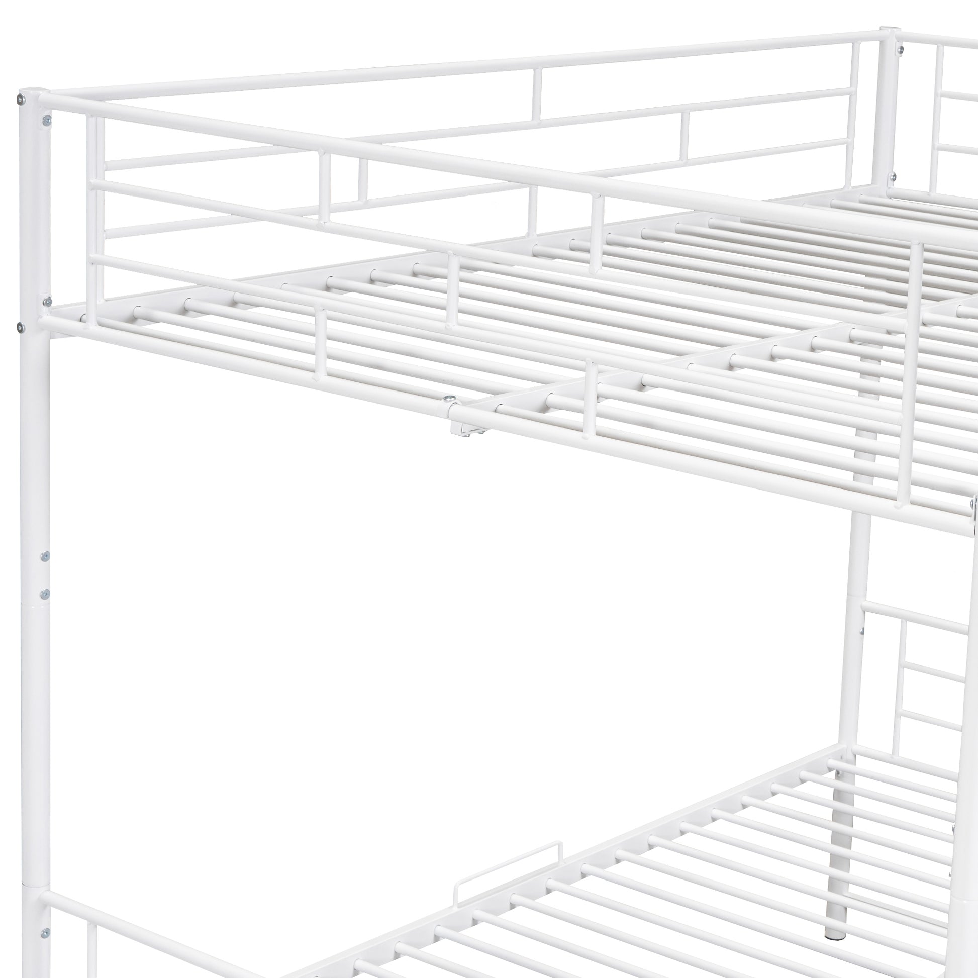 White metal bunk bed frame with slatted mattress support