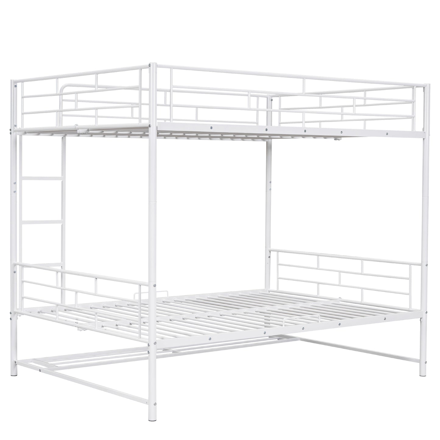 White metal twin over twin bunk bed with ladder