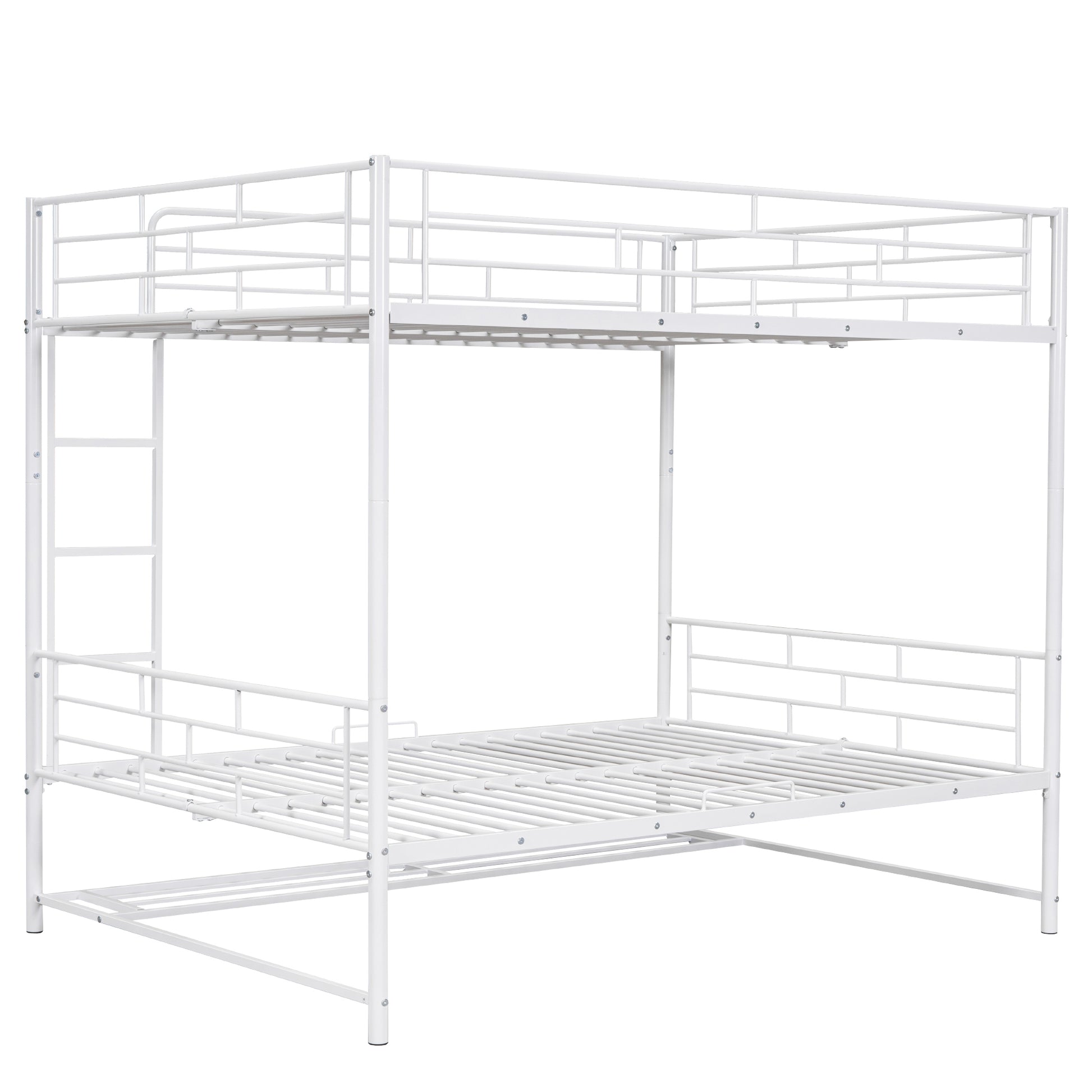 White metal twin over twin bunk bed with ladder