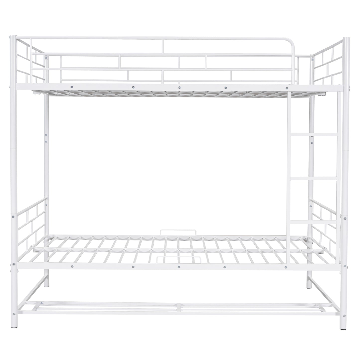 White metal twin over twin bunk bed with integrated ladder and safety rails for kids rooms
