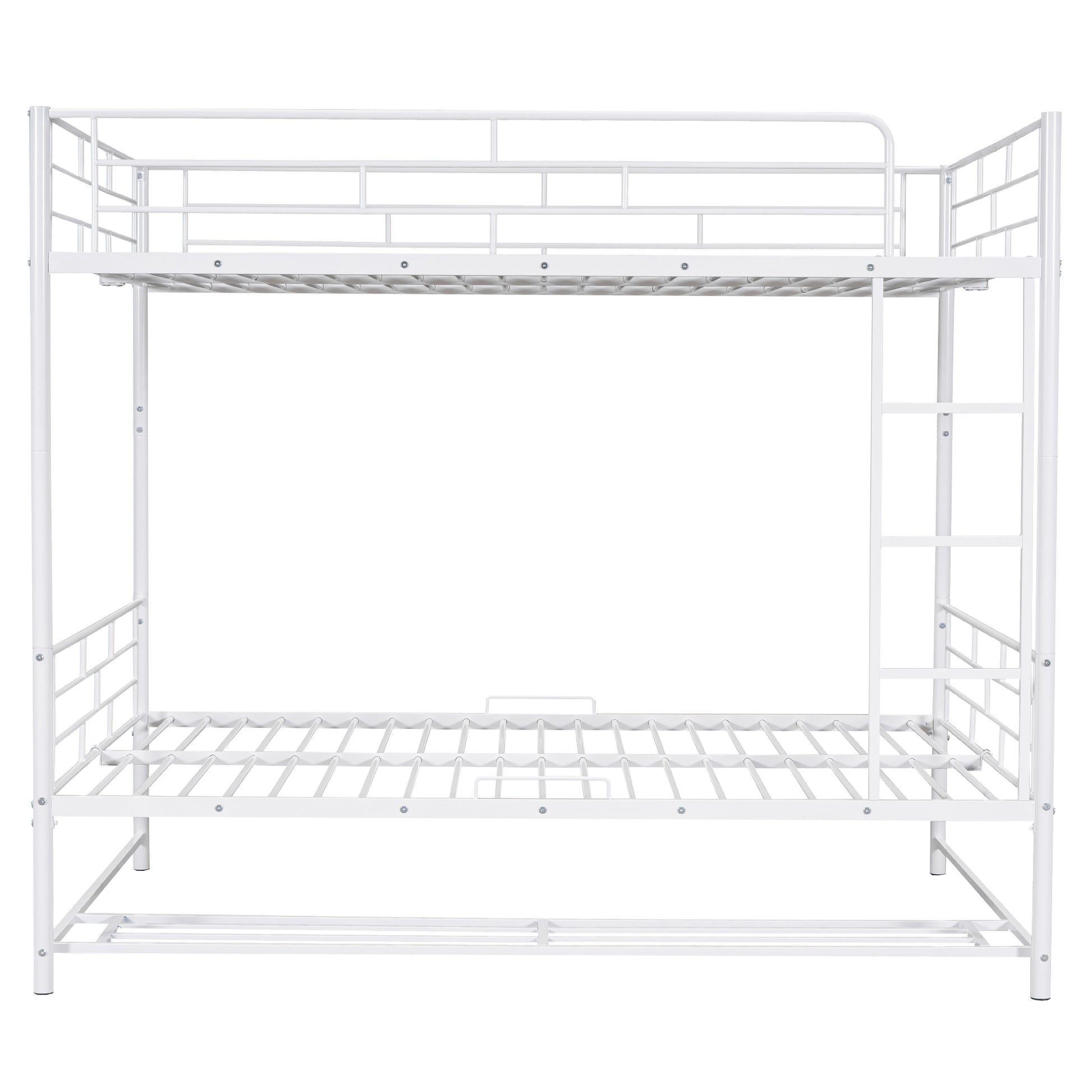 White metal twin over twin bunk bed with integrated ladder and safety rails for kids rooms