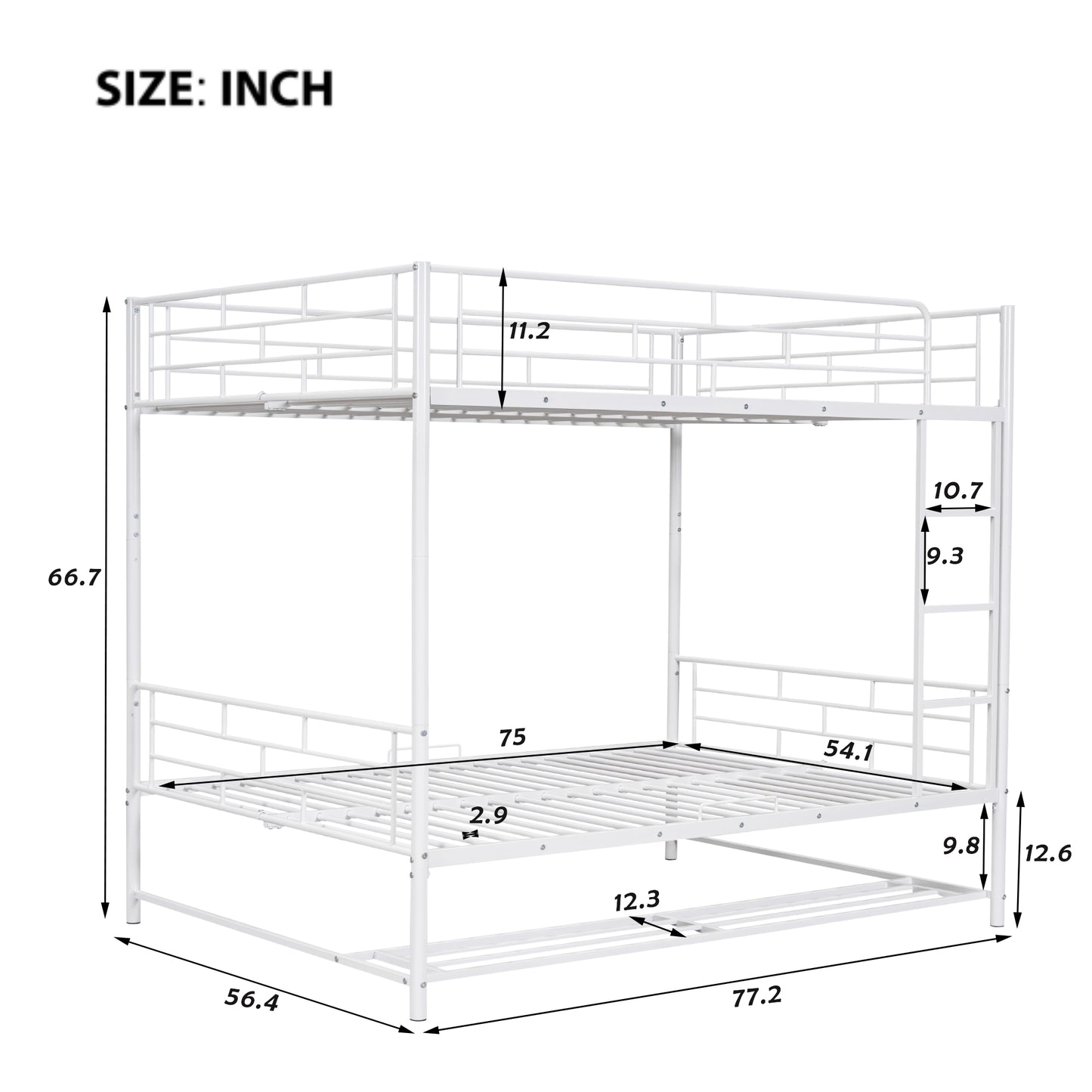 White metal twin over twin bunk bed with dimension callouts
