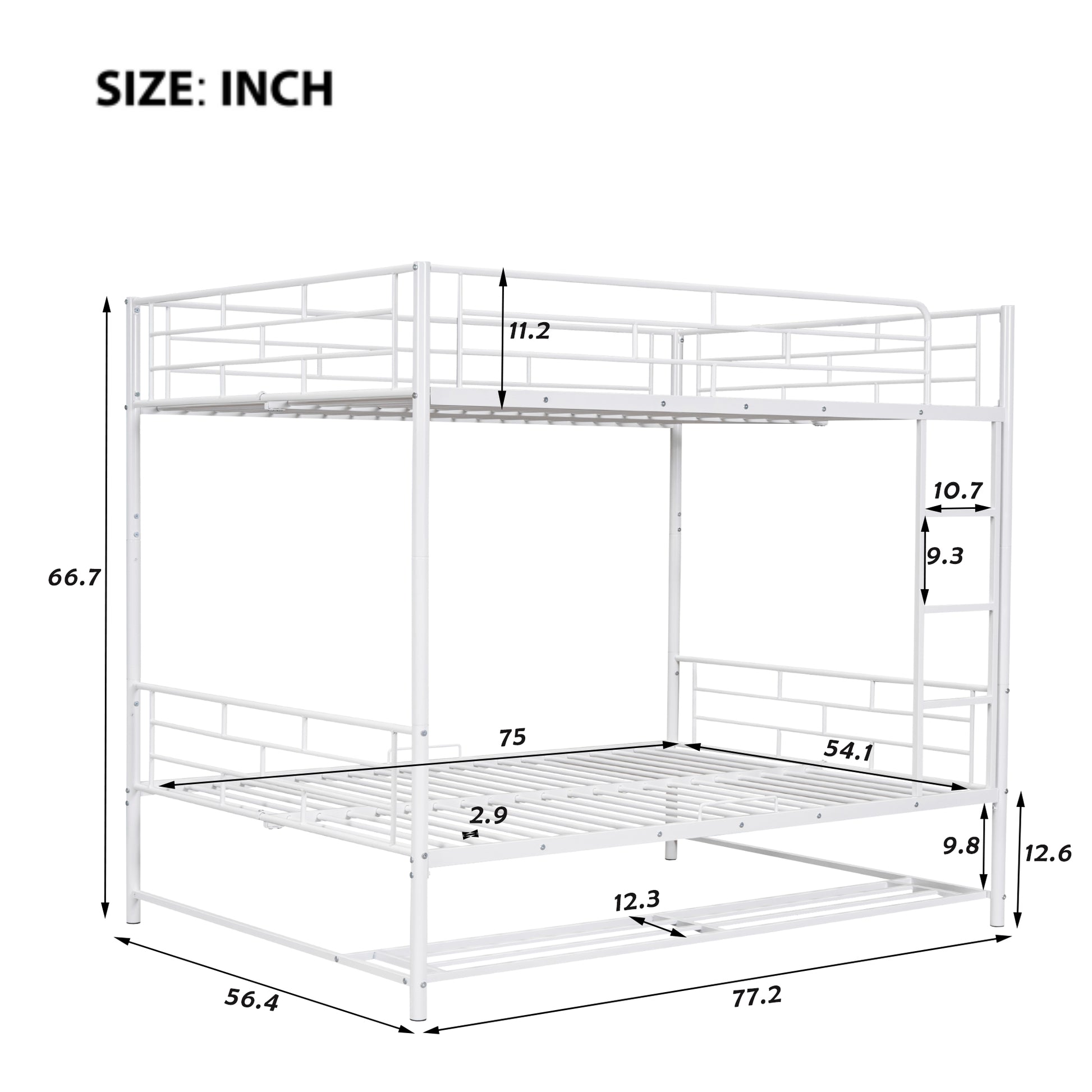 White metal twin over twin bunk bed with dimension callouts