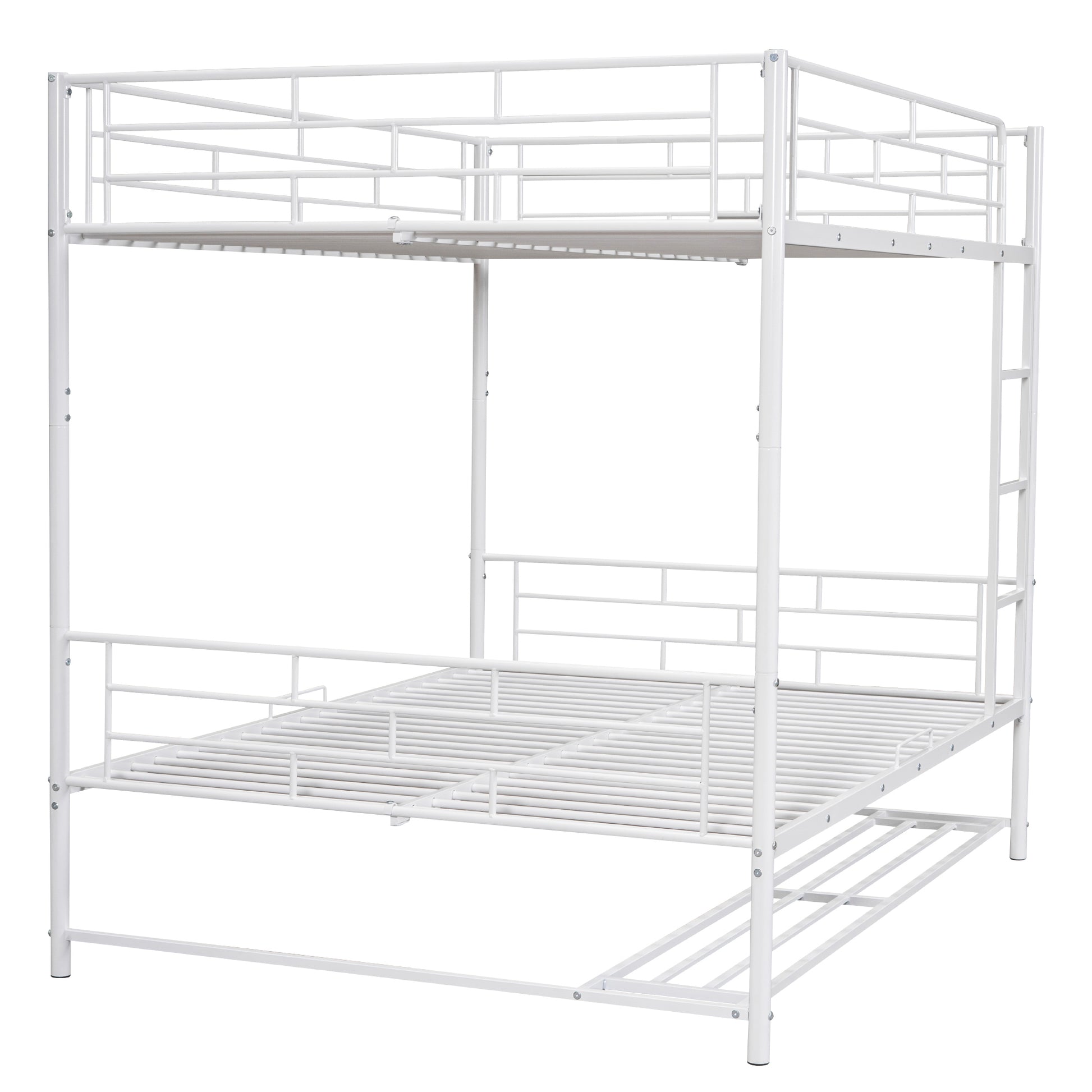 White metal triple bunk bed frame with ladder