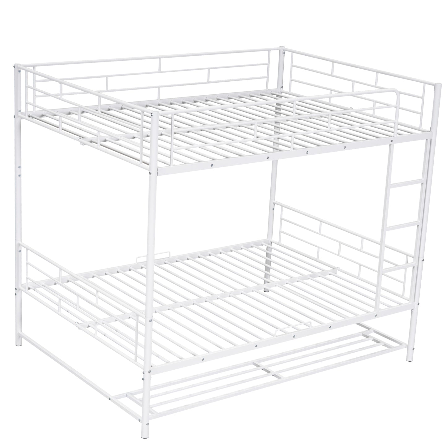 White metal triple bunk bed with ladder and guardrails