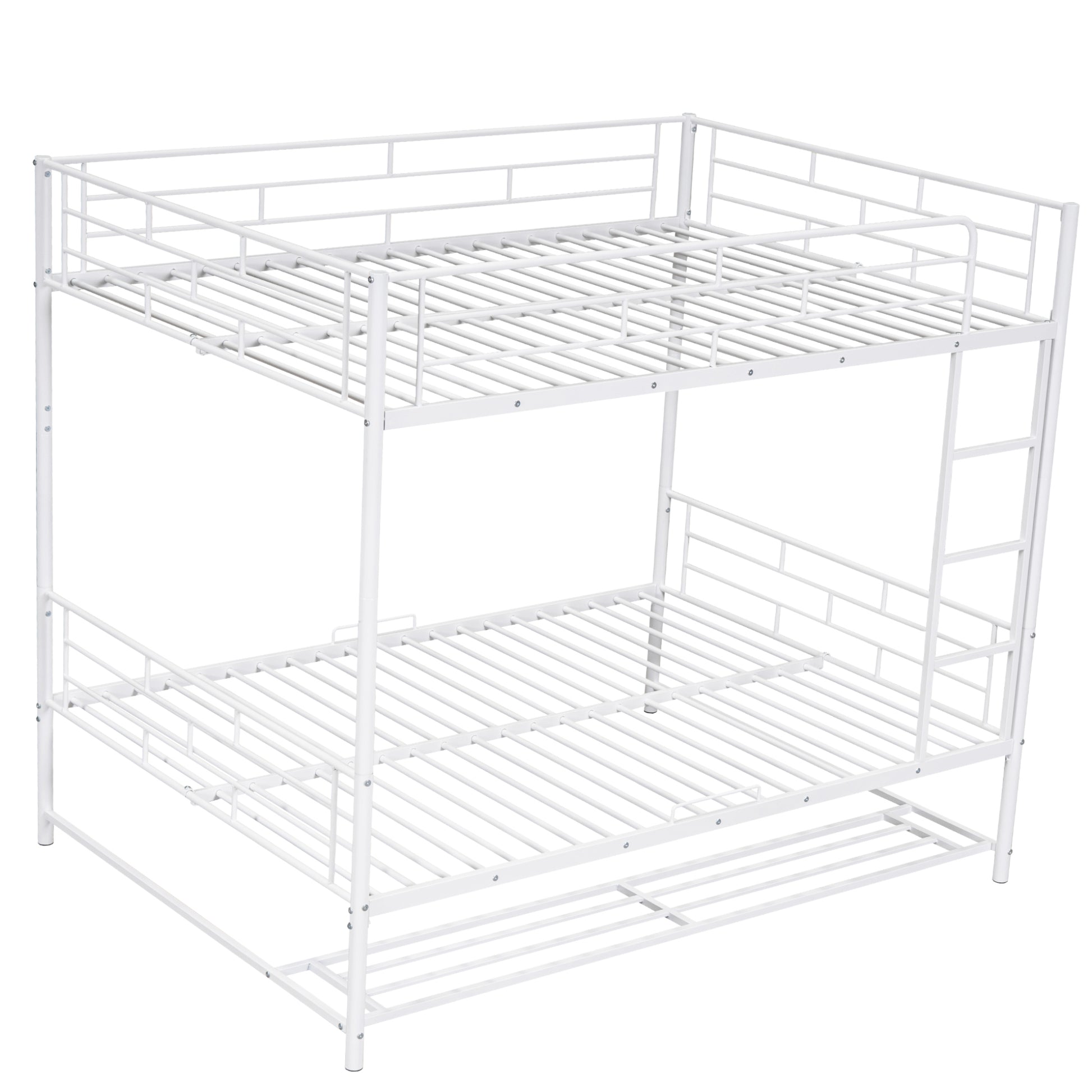 White metal triple bunk bed with ladder and guardrails