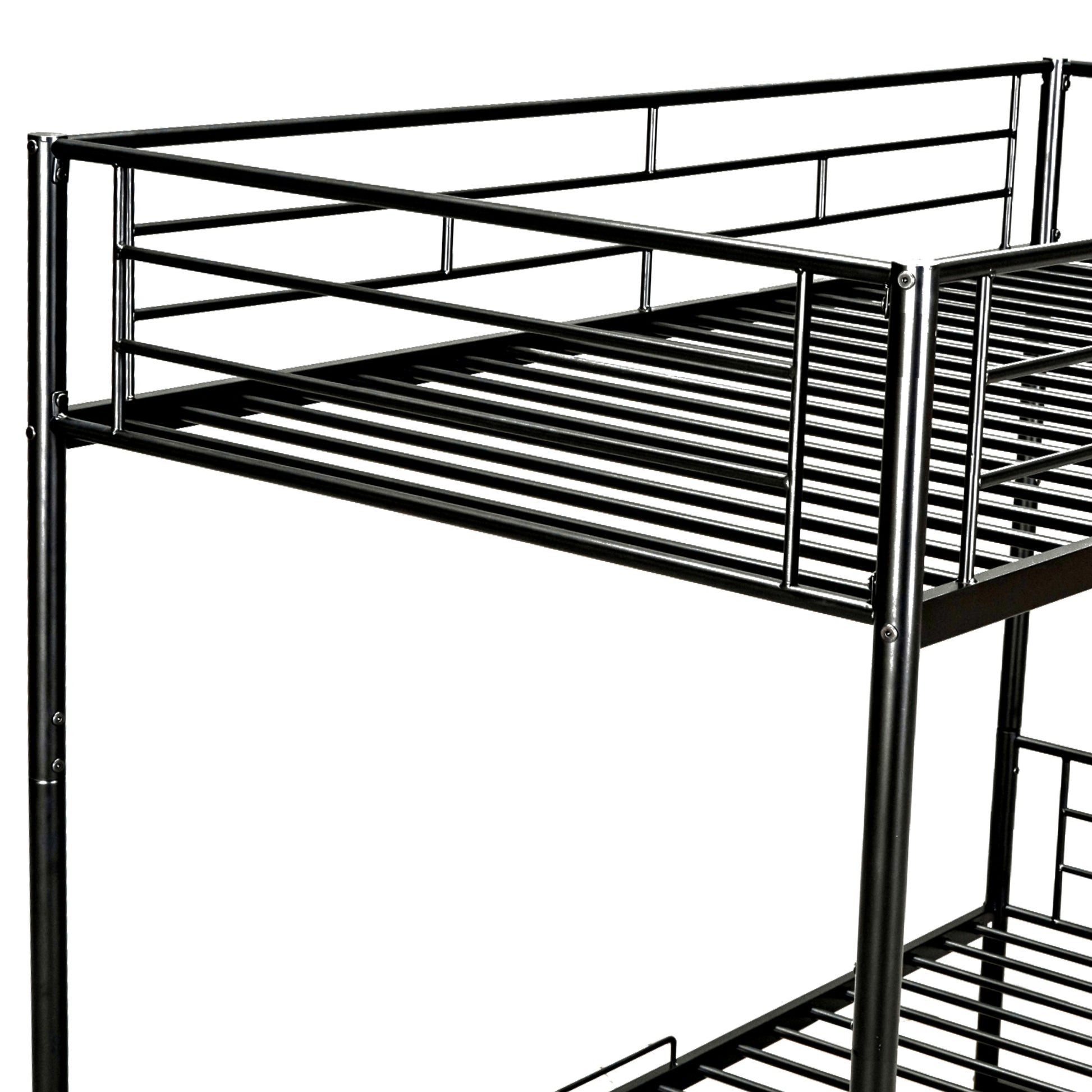 Black metal bunk bed frame with safety rails and slatted mattress support