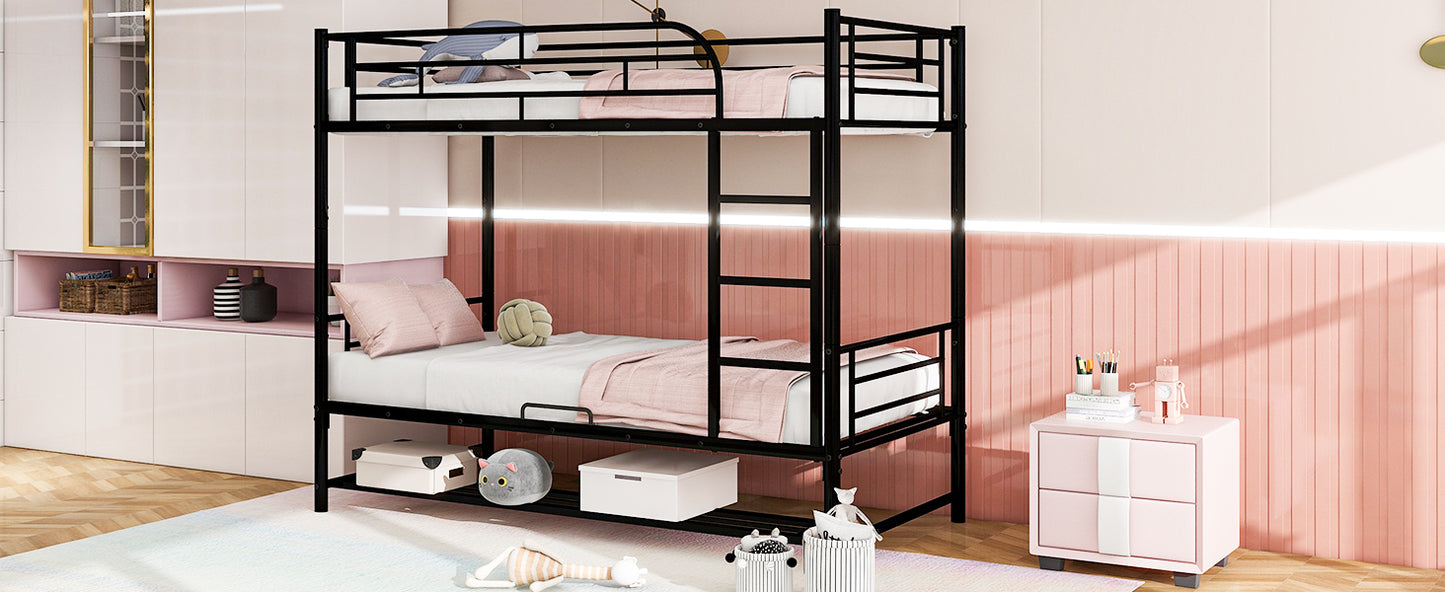 Black metal twin over twin bunk bed with pink bedding