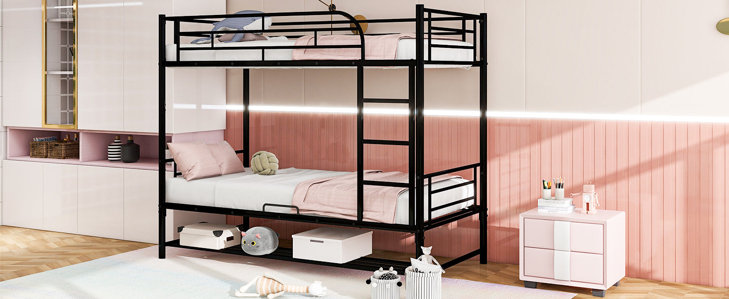 Black metal twin over twin bunk bed with pink bedding