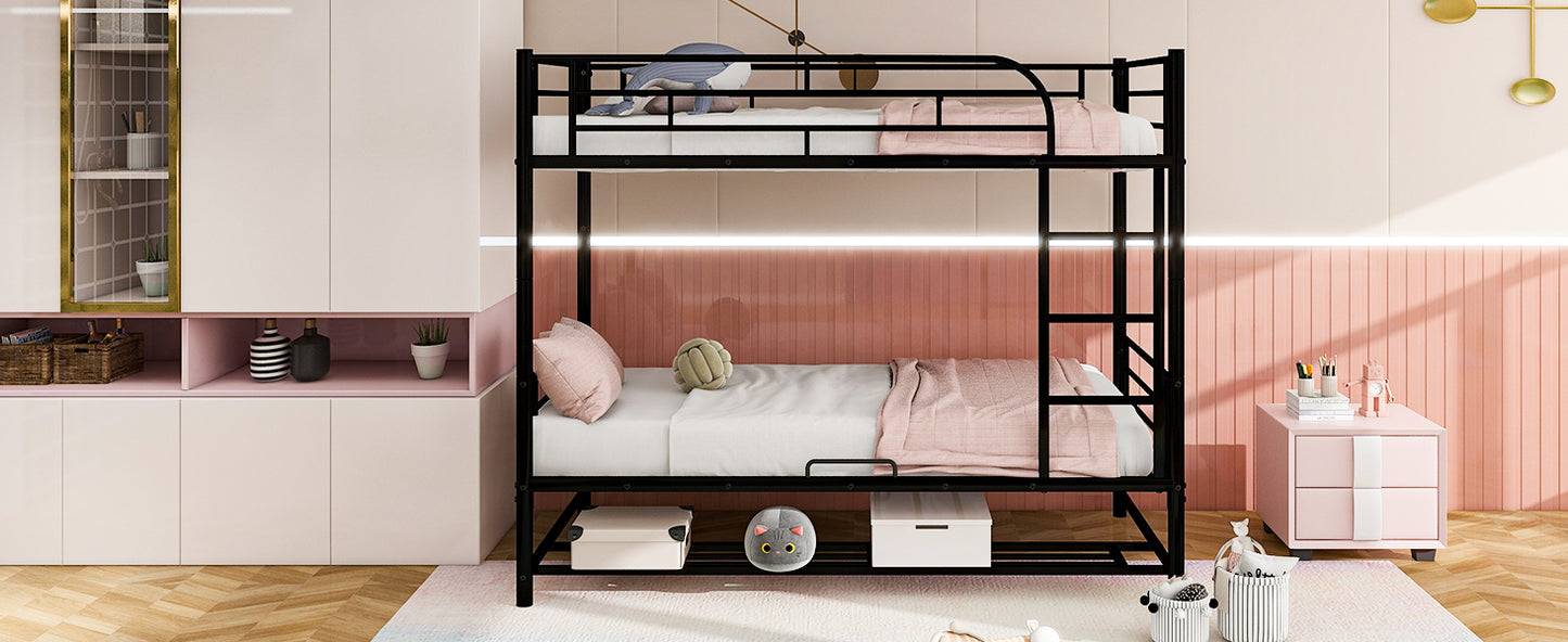 Black metal twin over twin bunk bed with white linens and pink accents