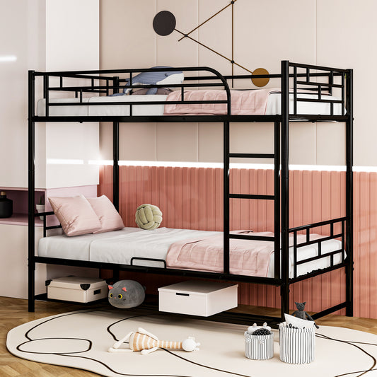Black metal twin over twin bunk bed with pink accents and storage