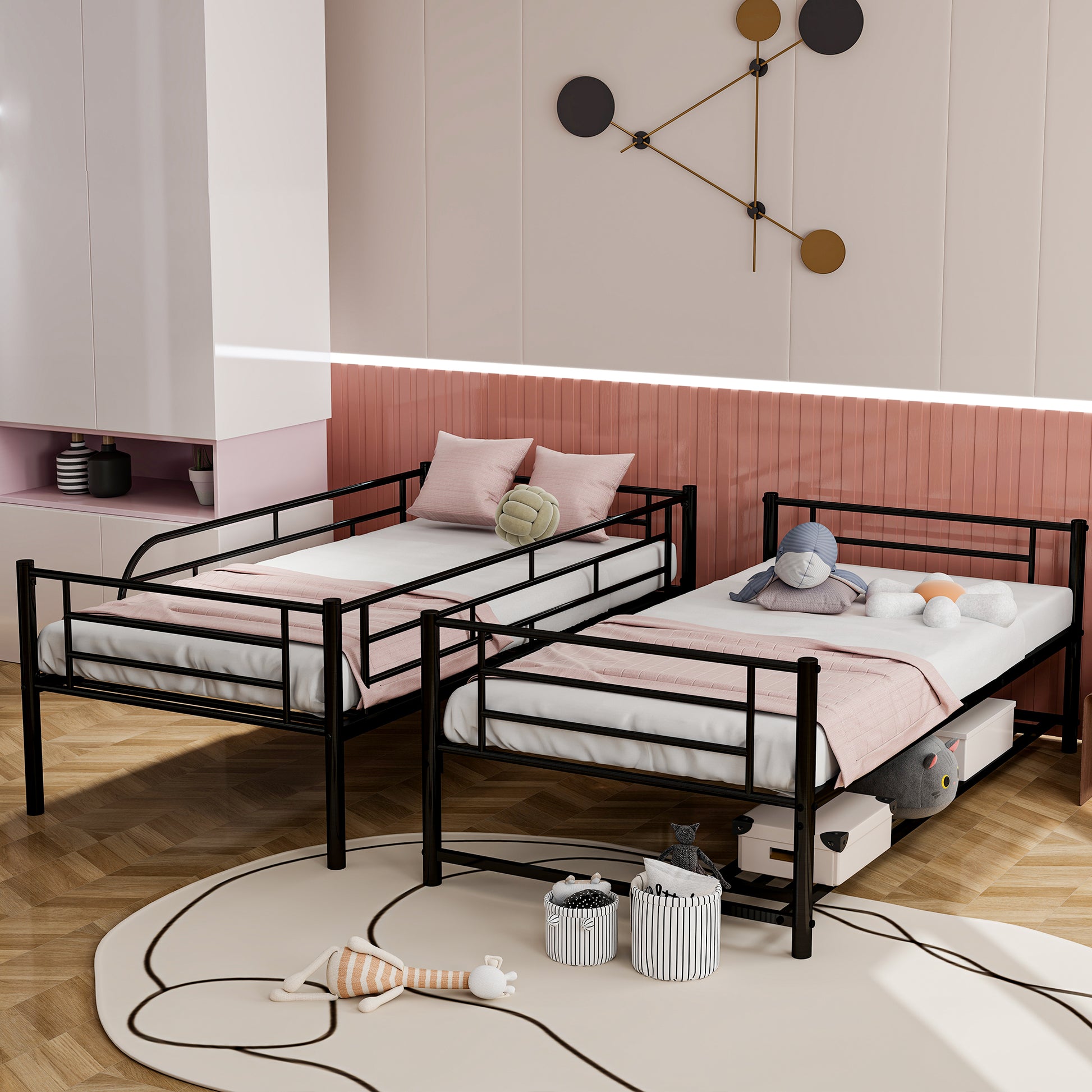 Black metal twin bunk bed with pink bedding