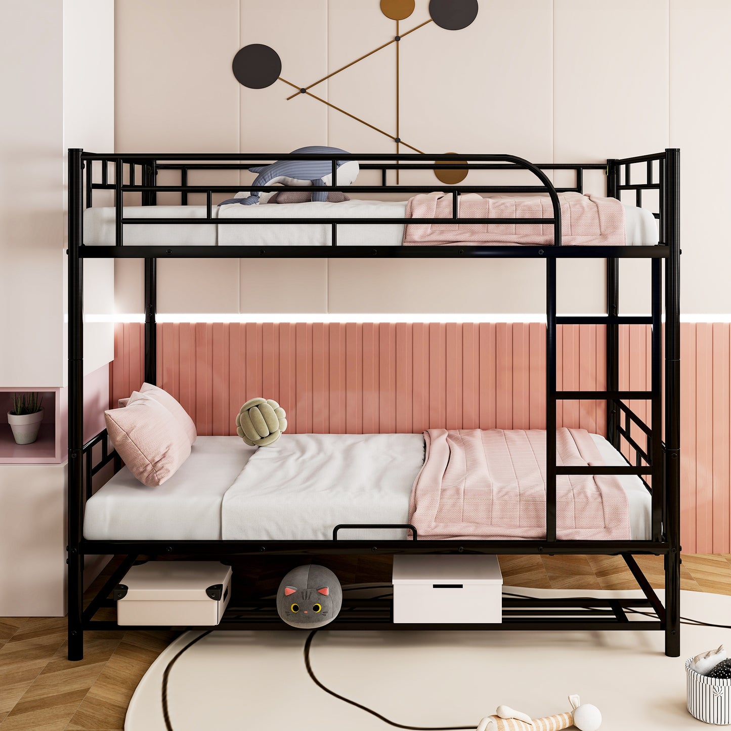 Black metal bunk bed with white bedding and pink blankets