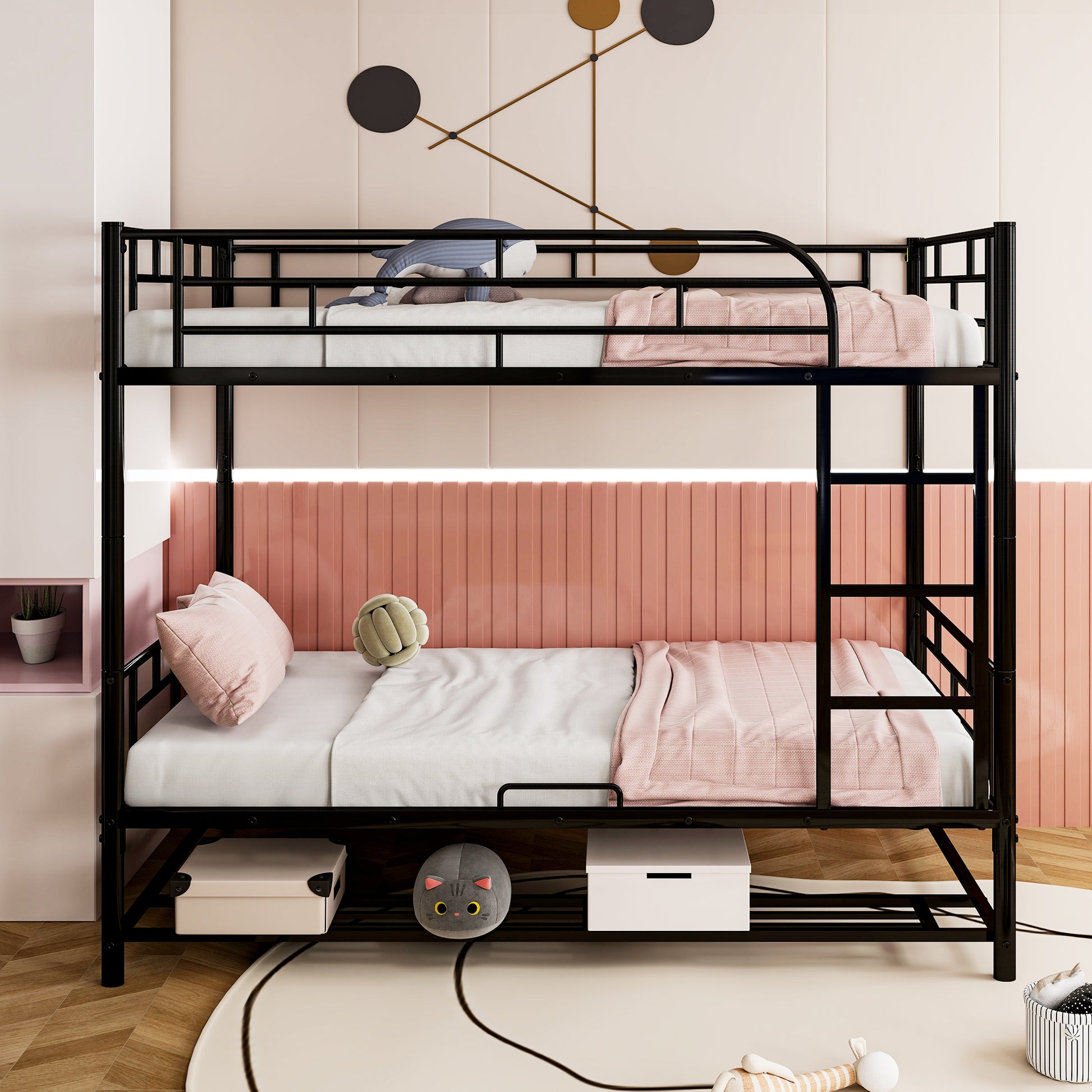 Black metal bunk bed with white bedding and pink blankets