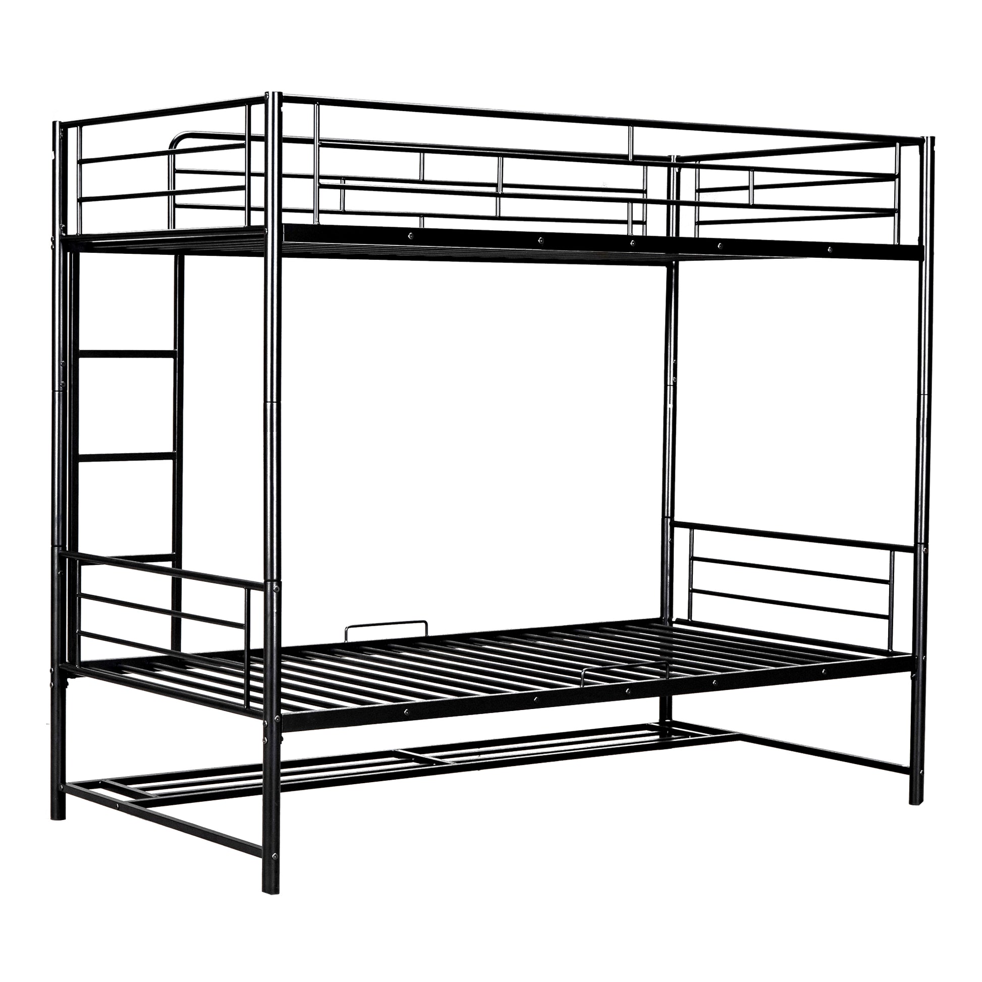 Black metal bunk bed with ladder