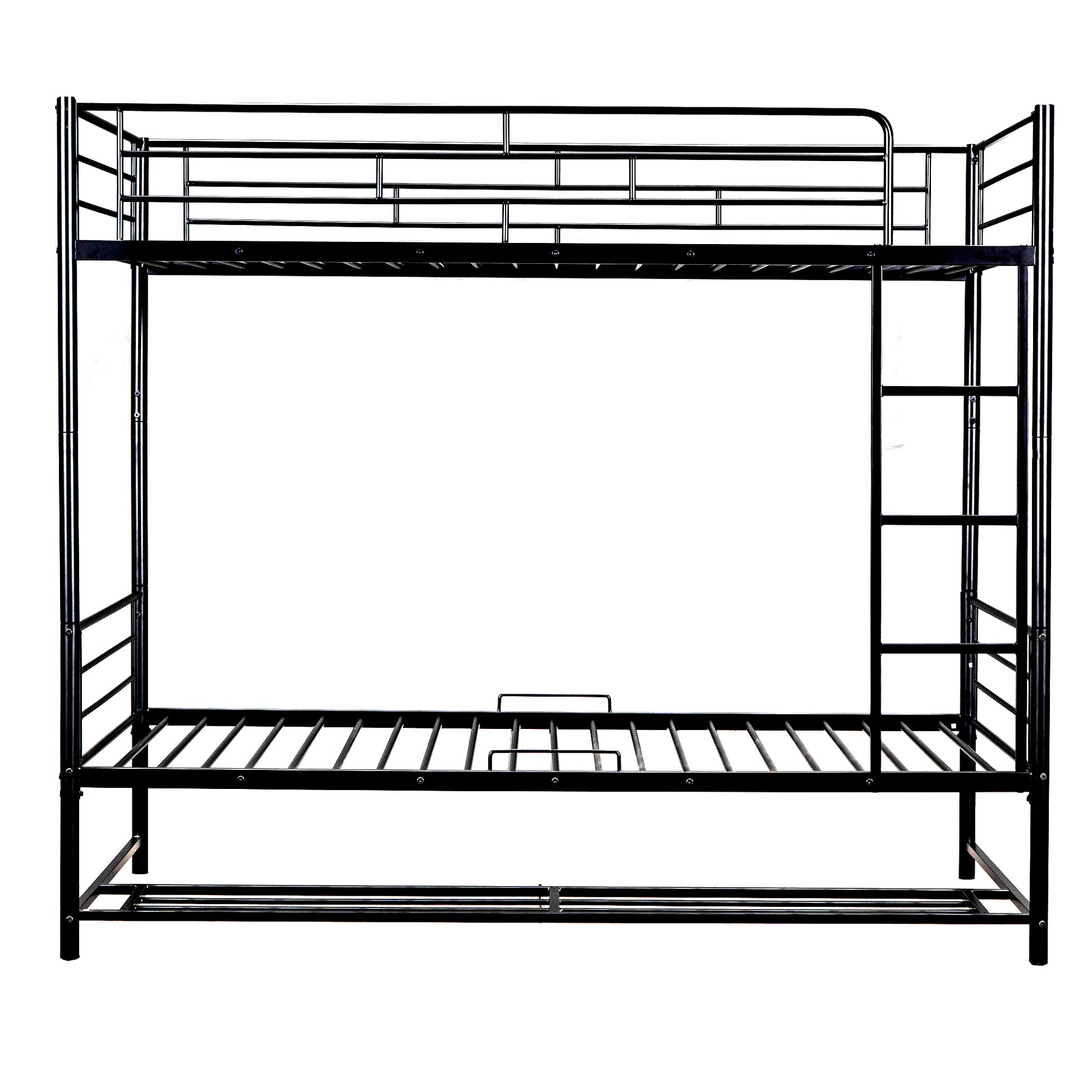 Black metal twinovertwin bunk bed with ladder and guardrails
